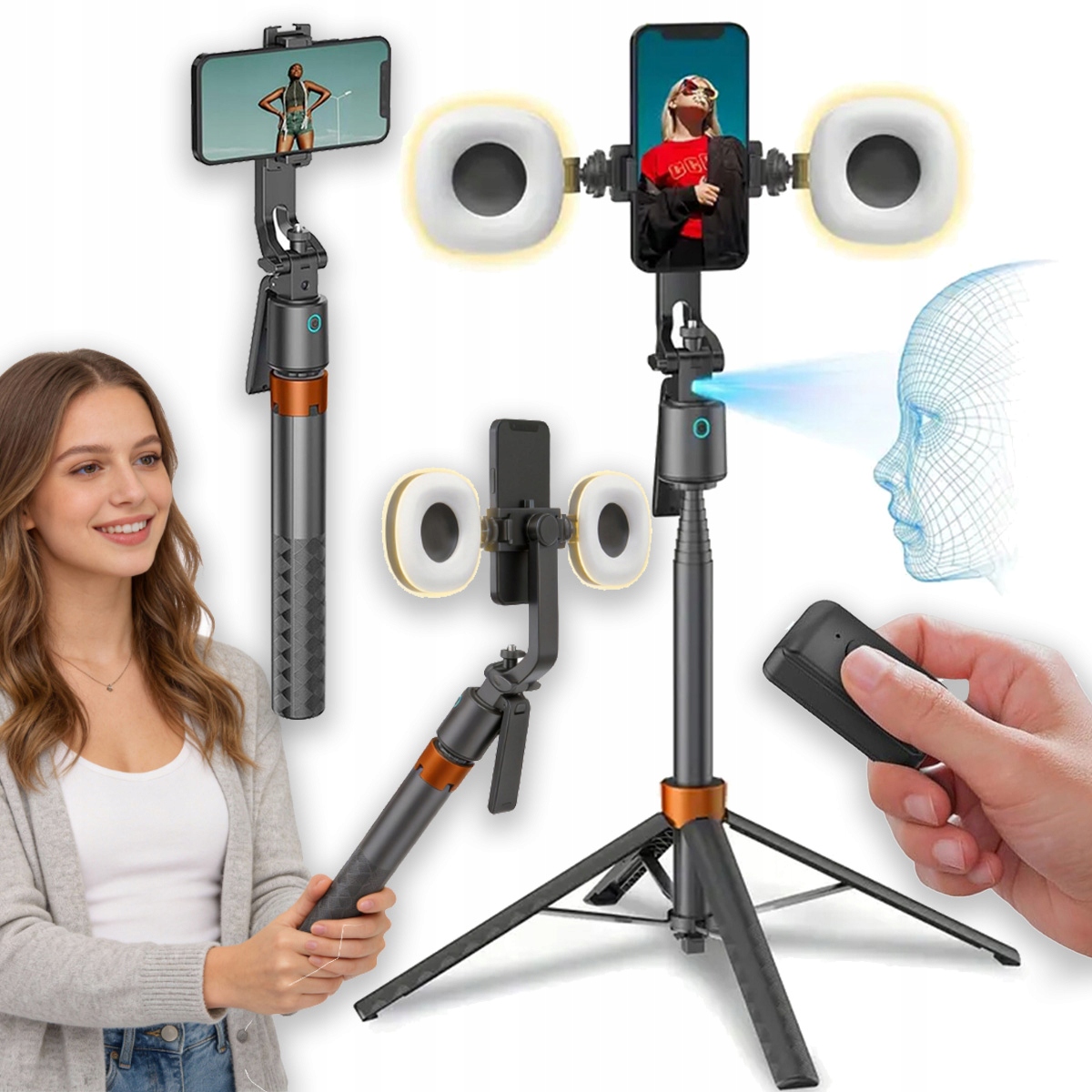 Držák Na Telefon Selfie Tyč Tripod Stativ Pilot 40-180 cm 2 Led