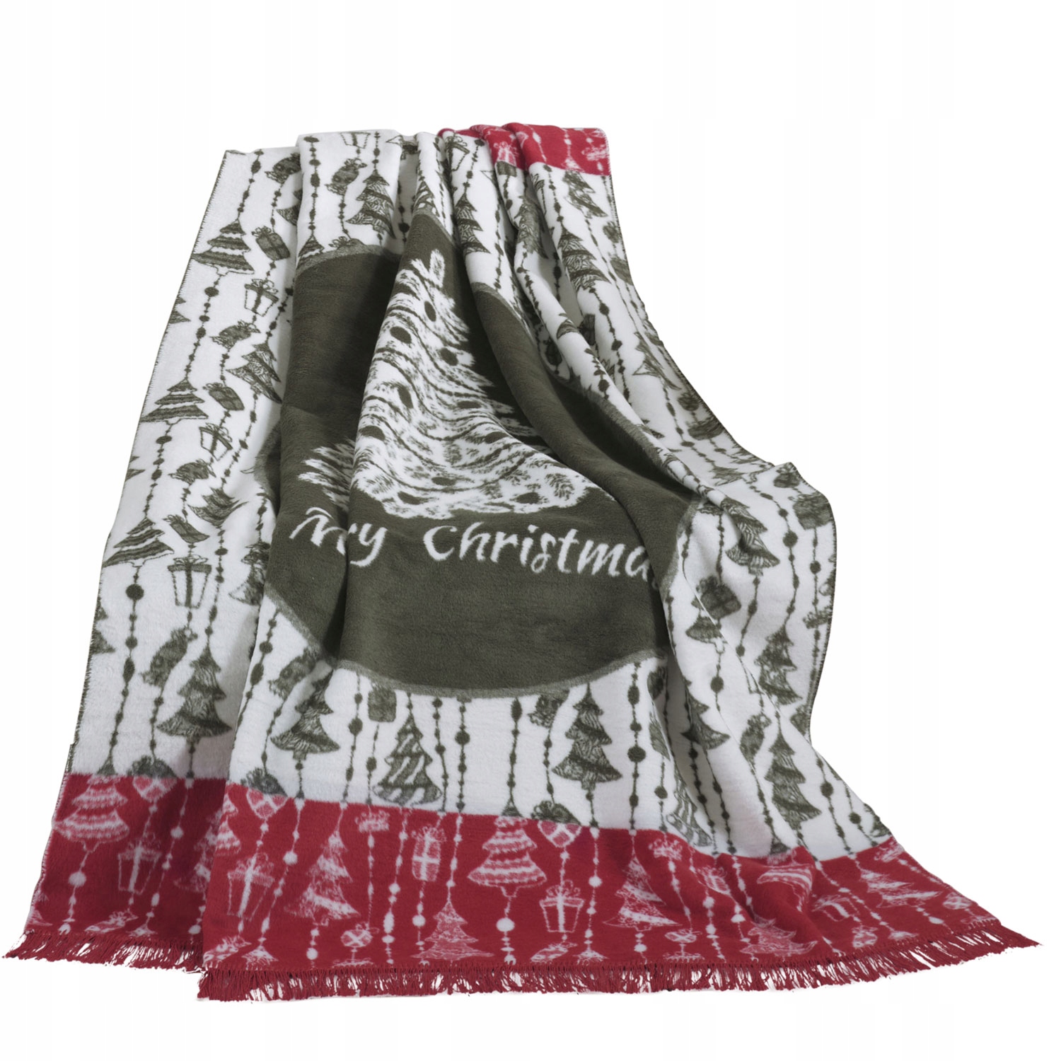 Bavlněno-akrylová deka 150x200 vánoční červená bílá khaki vánoční stromky