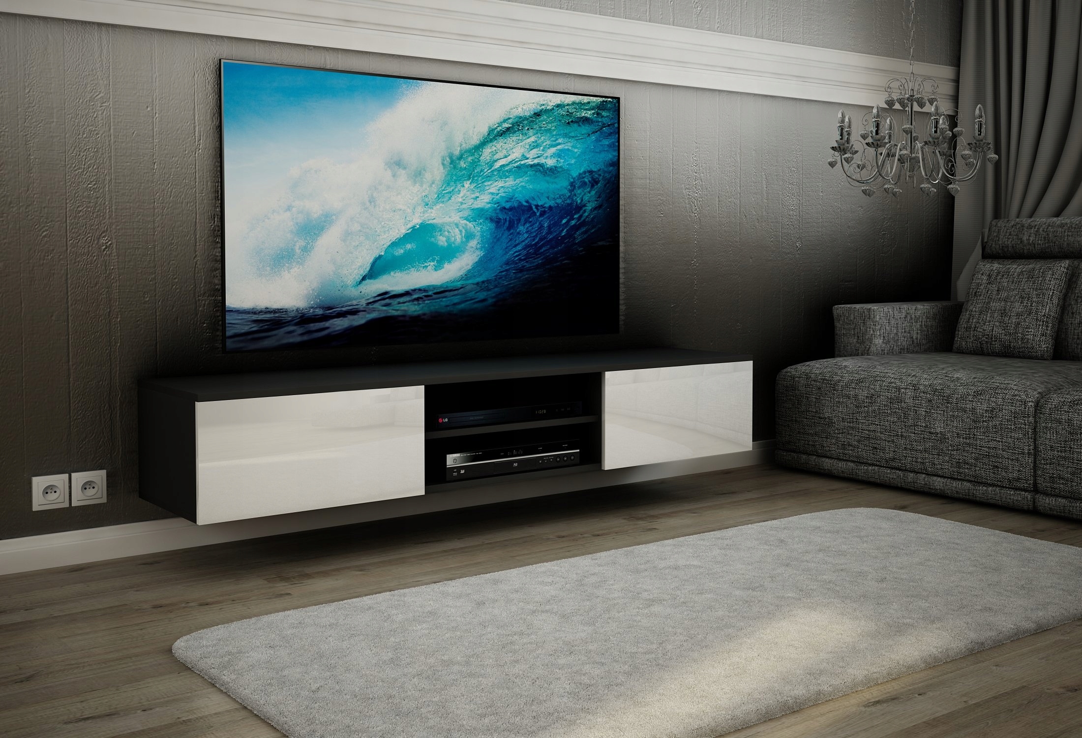 RTV szafka Nowoczesna pod TV Połysk duża 200cm Kolor mebla odcienie szarości