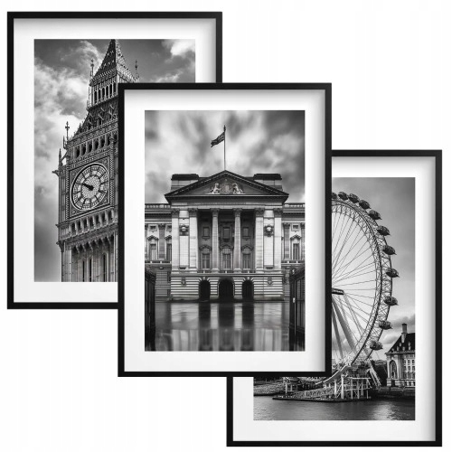 Zestaw Plakaty Obrazy ścienne Czarno Białe z ramką do salonu biura Londyn
