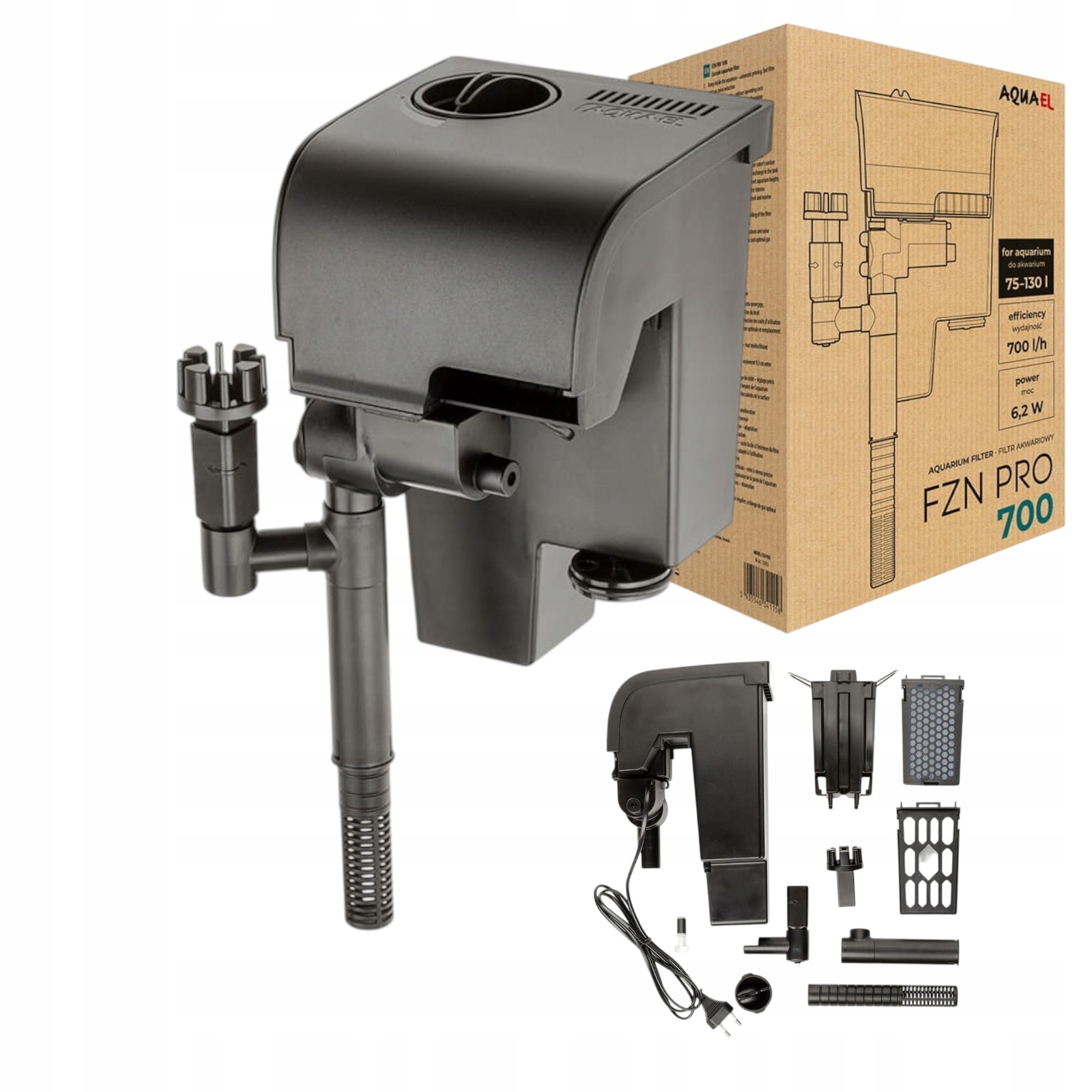 Nowoczesny, cichy filtr kaskadowy o przepływie 700 l/h do akwarium 75–130 l