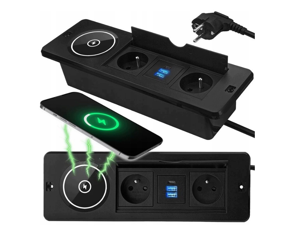 Zásuvka na desku Schovaná v pracovní desce Indukční nabíječka Qi 2x Usb Usb C