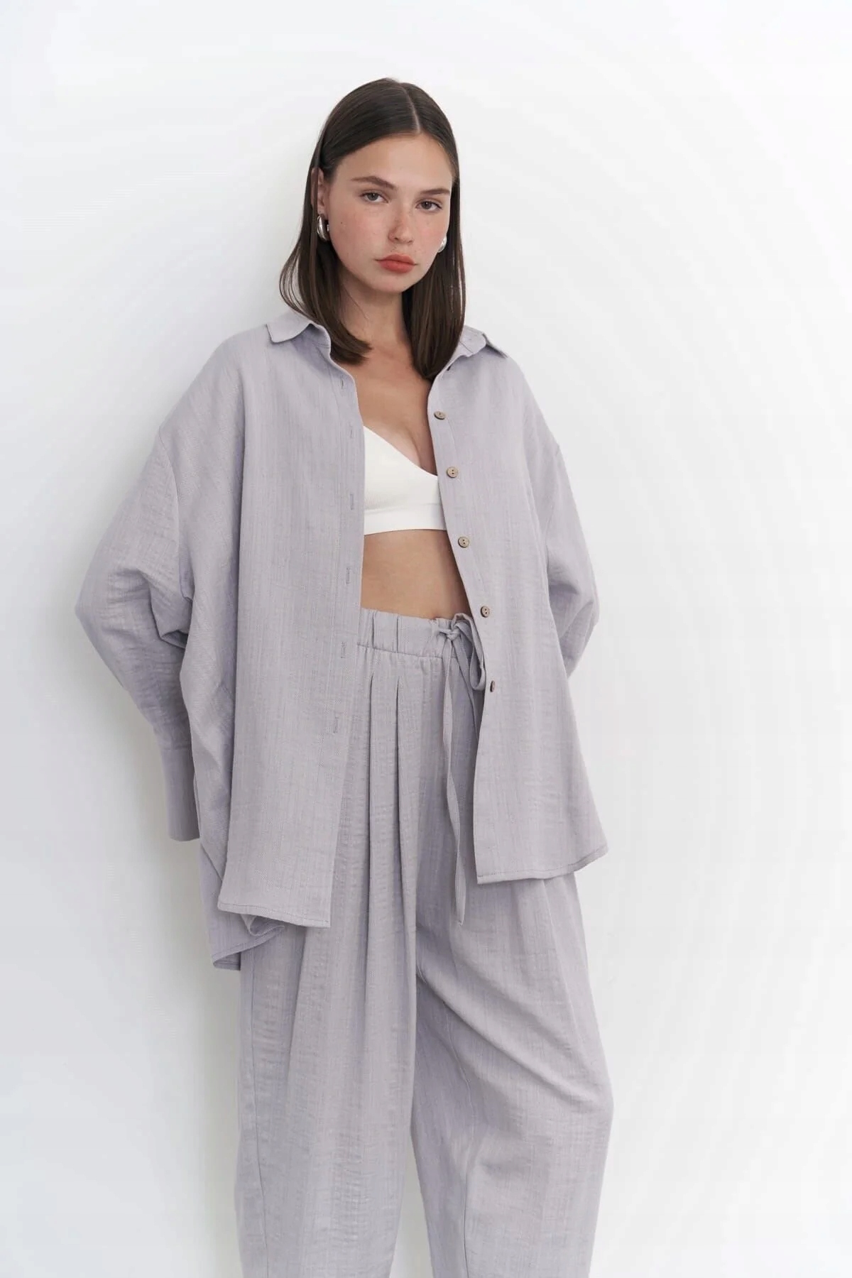 Dámský Komplet Šedý Len Bavlna Polyester S Knoflíky M/L 5GA