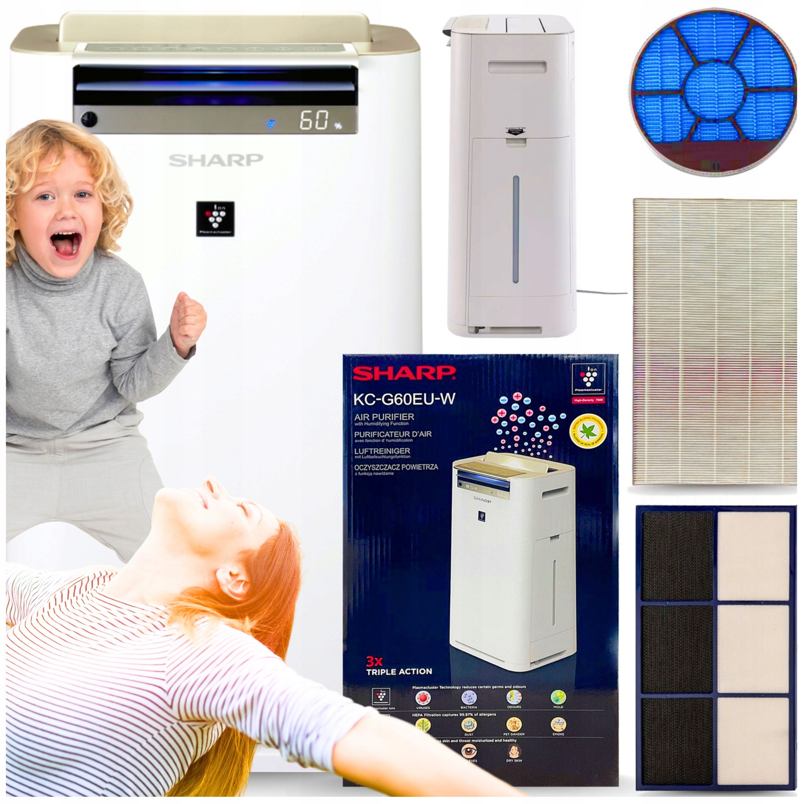 Čistička Vzduchu Sharp KC-G60EU-W Zvlhčování Ionizace Hepa 3V1 Pro