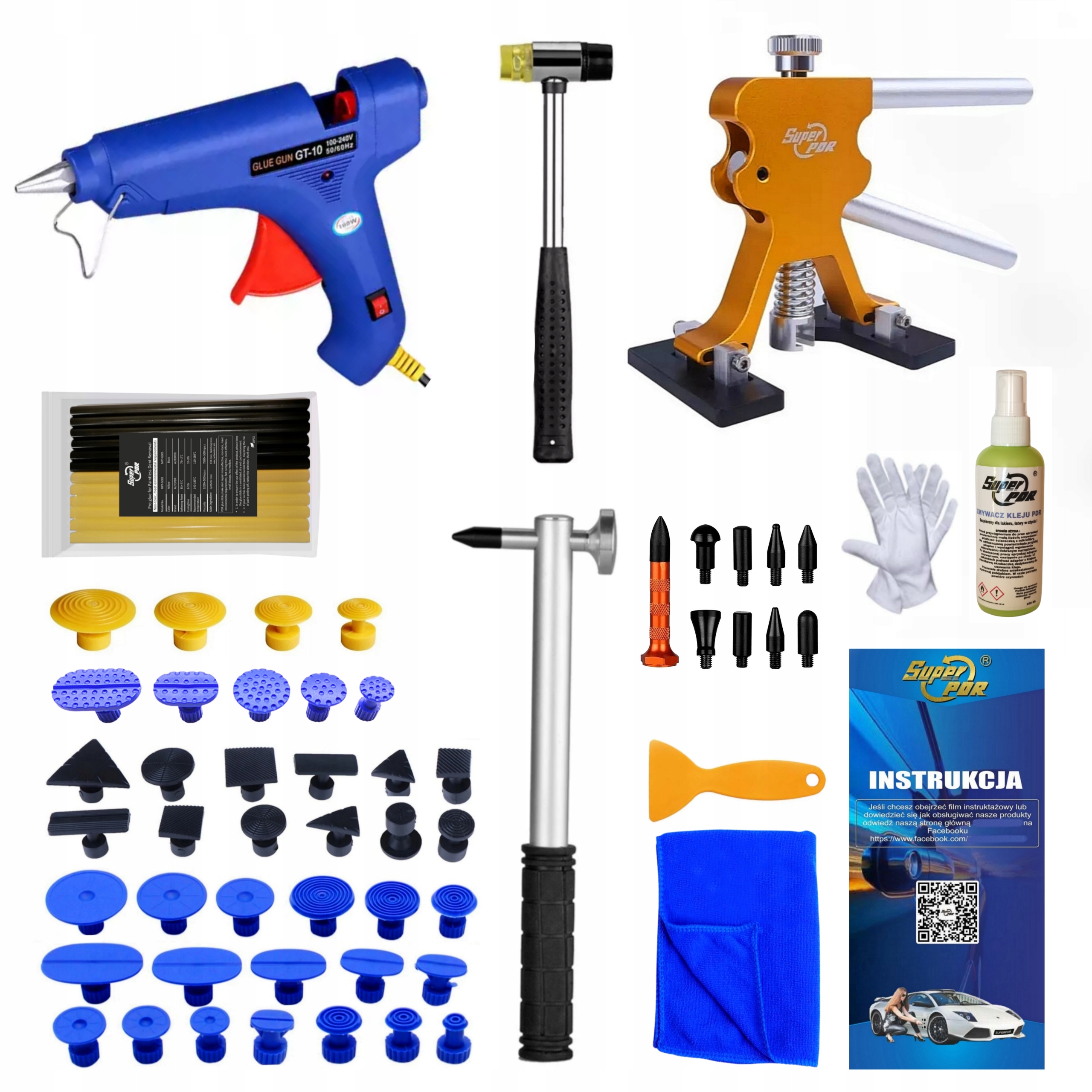 Sada kladív s adaptérmi a lepidlom na vyťahovanie záhybov karosérie auta