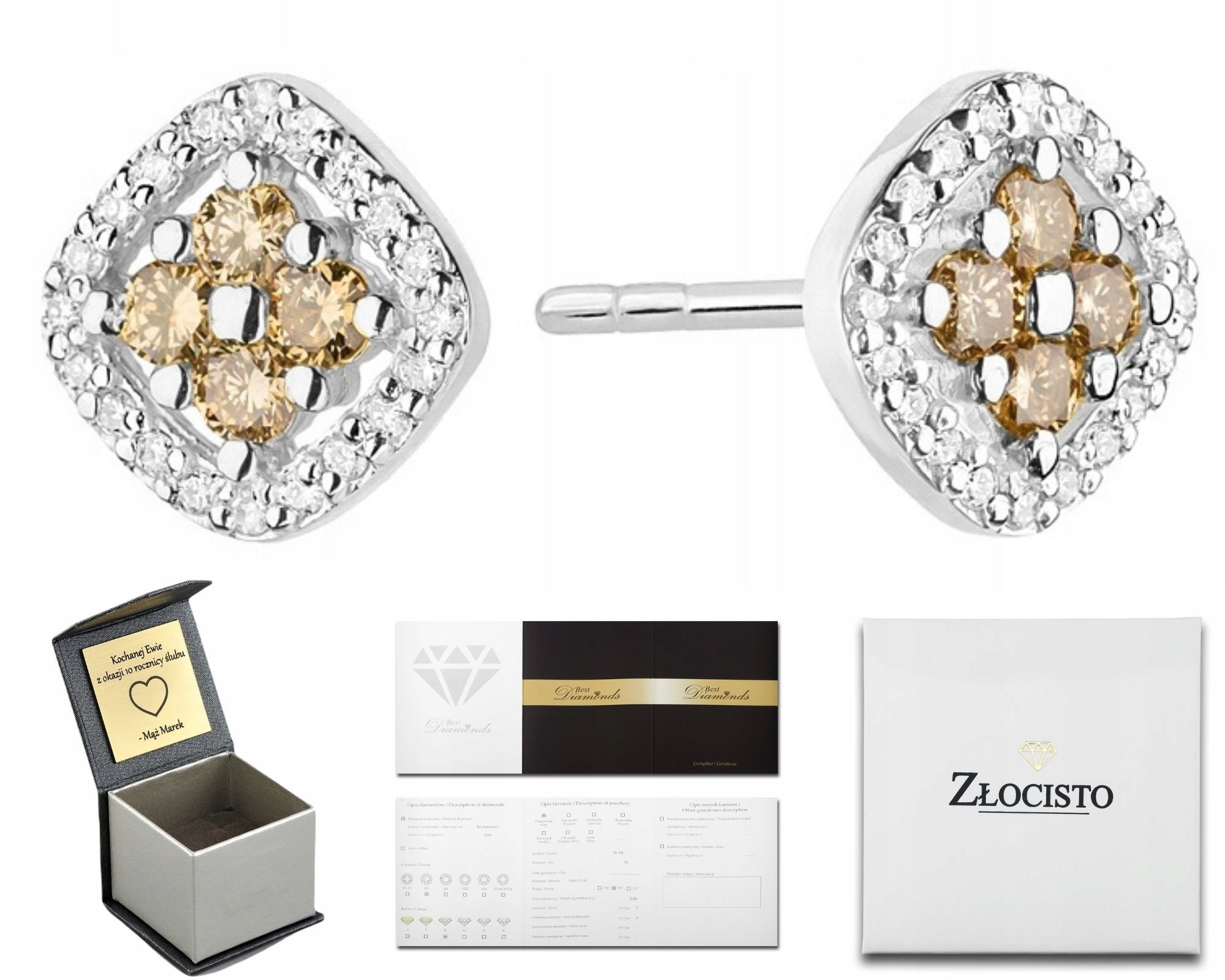 Bílé Zlaté Náušnice S Hnědými Brilianty A Šrouby