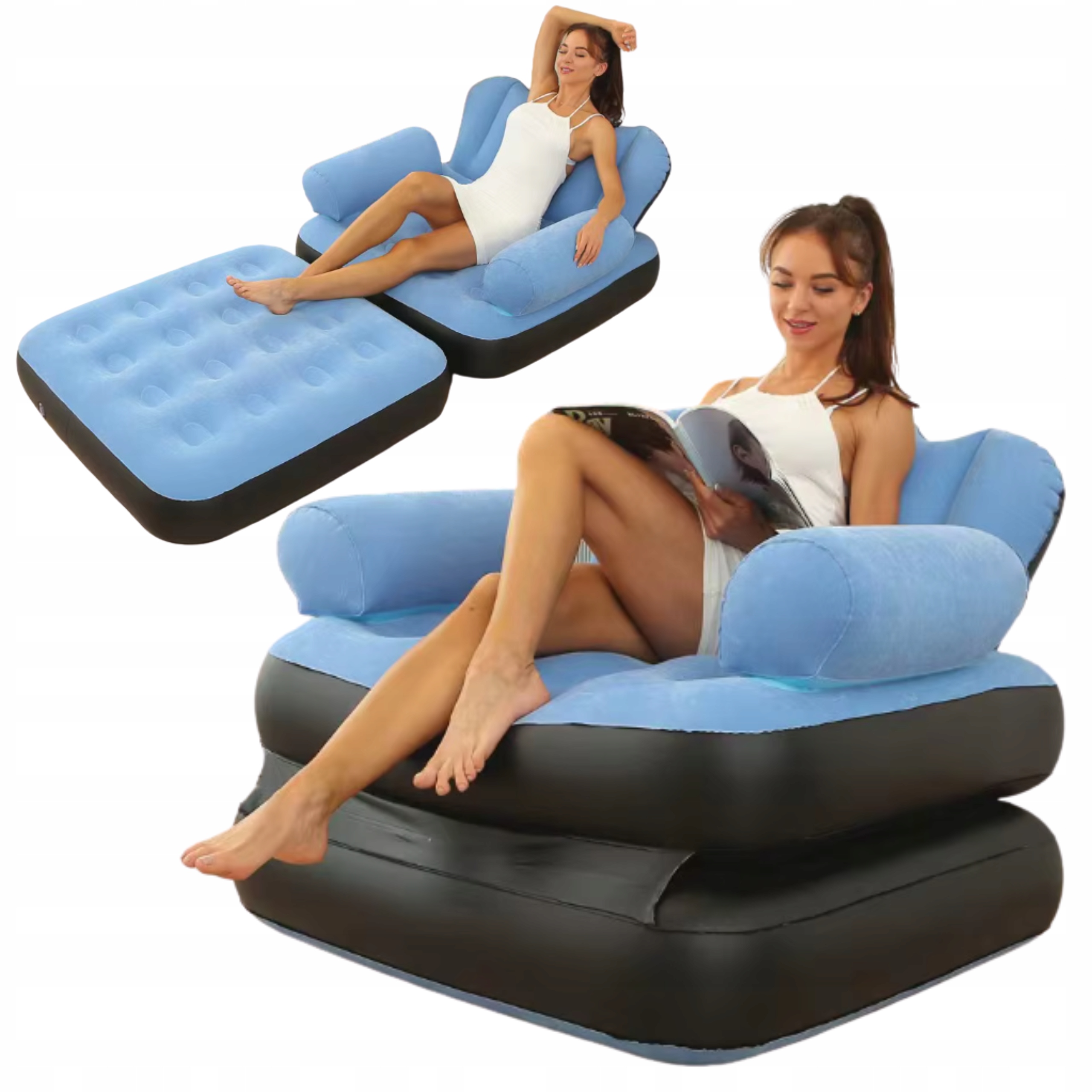 Nafukovací Křeslo S Podnožkou, Modrá Barva, Pohodlný Set S Pumpou A Záplatami