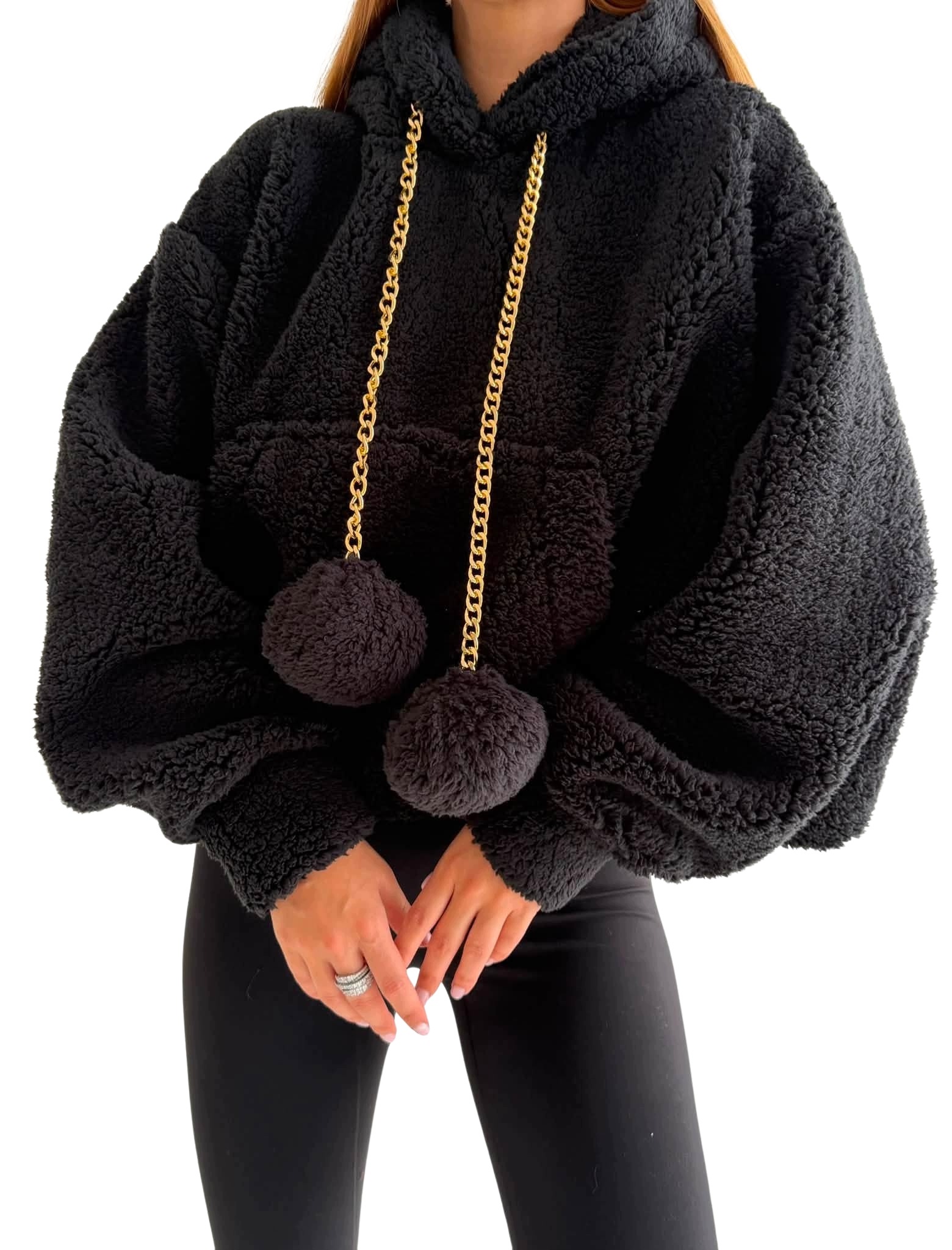 Mikina teddy Vasari Bublinka černá oversize bambule kapuce