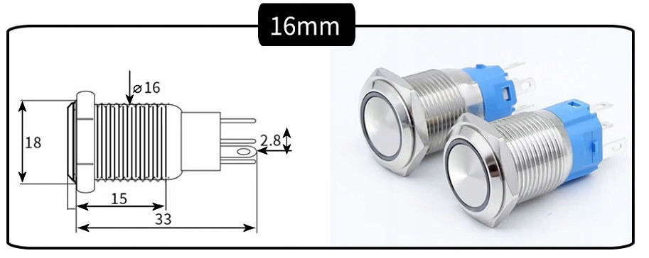 Przełącznik Podświetlany 12V-24V Czerwony Przycisk RESET MONOSTABILNY 16mm Kod producenta SRBRed12V-24V