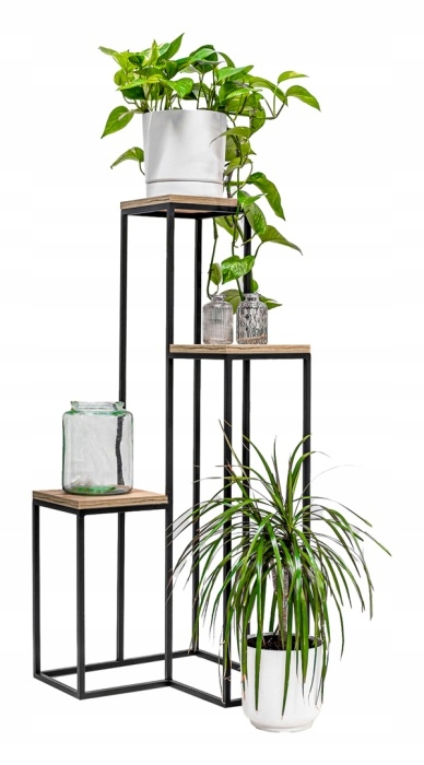 KWIETNIK METALOWY STOJAK LOFT KASKADA 3 DREWNIANE PÓŁKI NA KWIATY DEKORACJE
