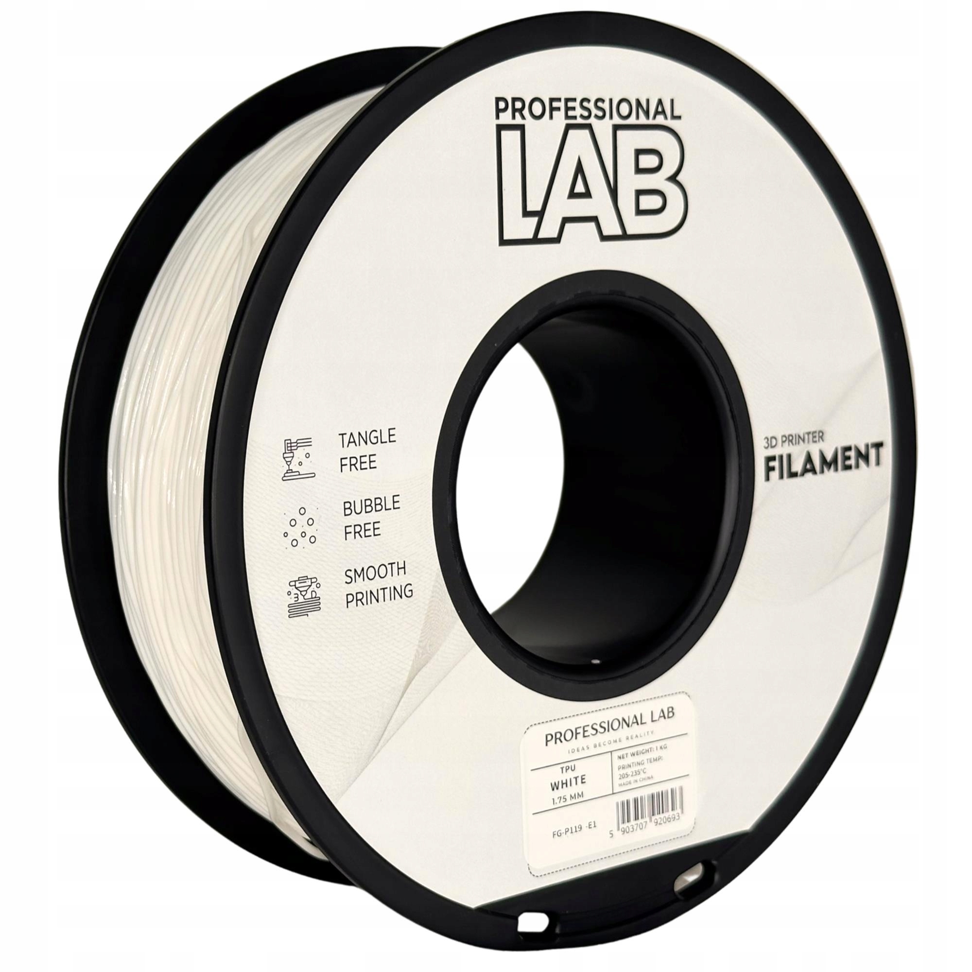 Filament Prof. Lab Tpu White Biały Elastyczny Guma 95A 1.75mm 1kg