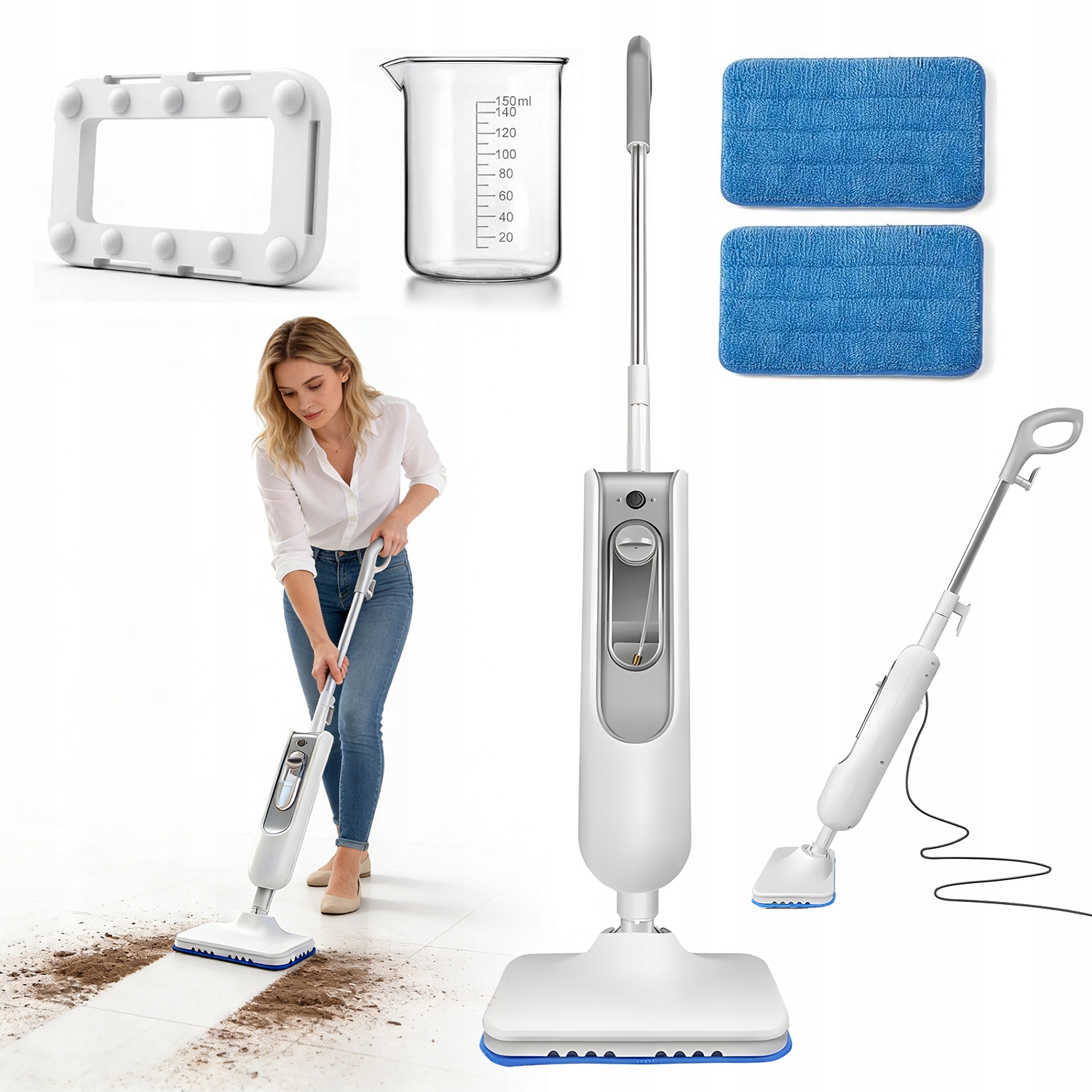 Parní Mop Víceúčelový Parní Čistič 1500W 400ML 1.5-2.6BAR 2 Nástavce