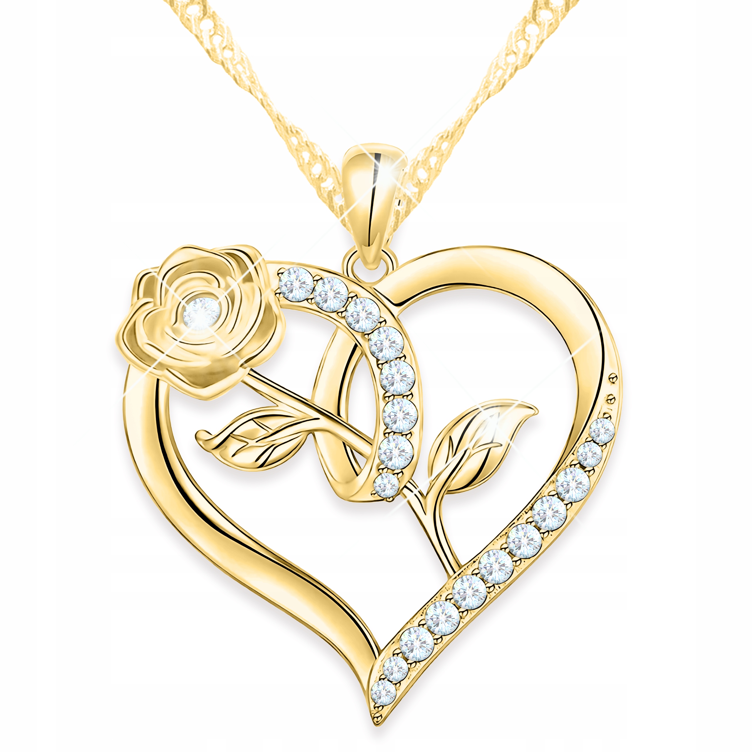 Zlatý náhrdelník Srdce s květem růže Květ života s krystaly Stříbro 925