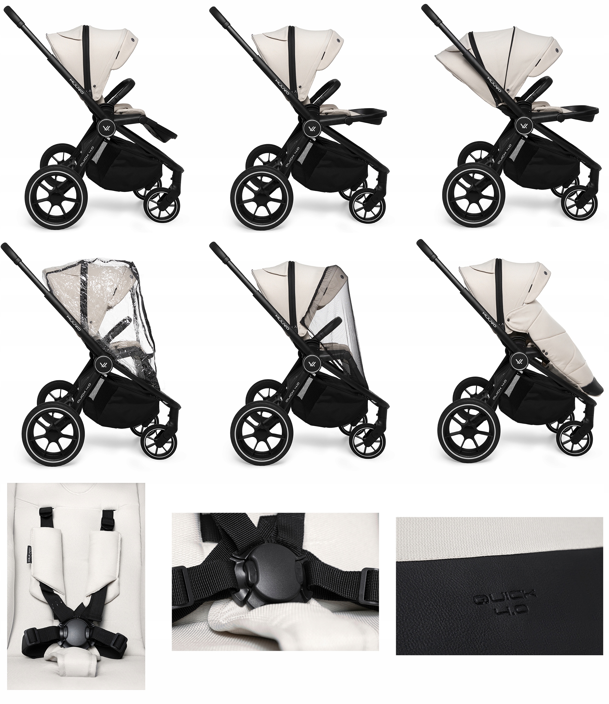 MUUVO WÓZEK 2w1 QUICK 4.0 CLASSIC BLACK + akcesoria + adaptery Kolor biały czarny
