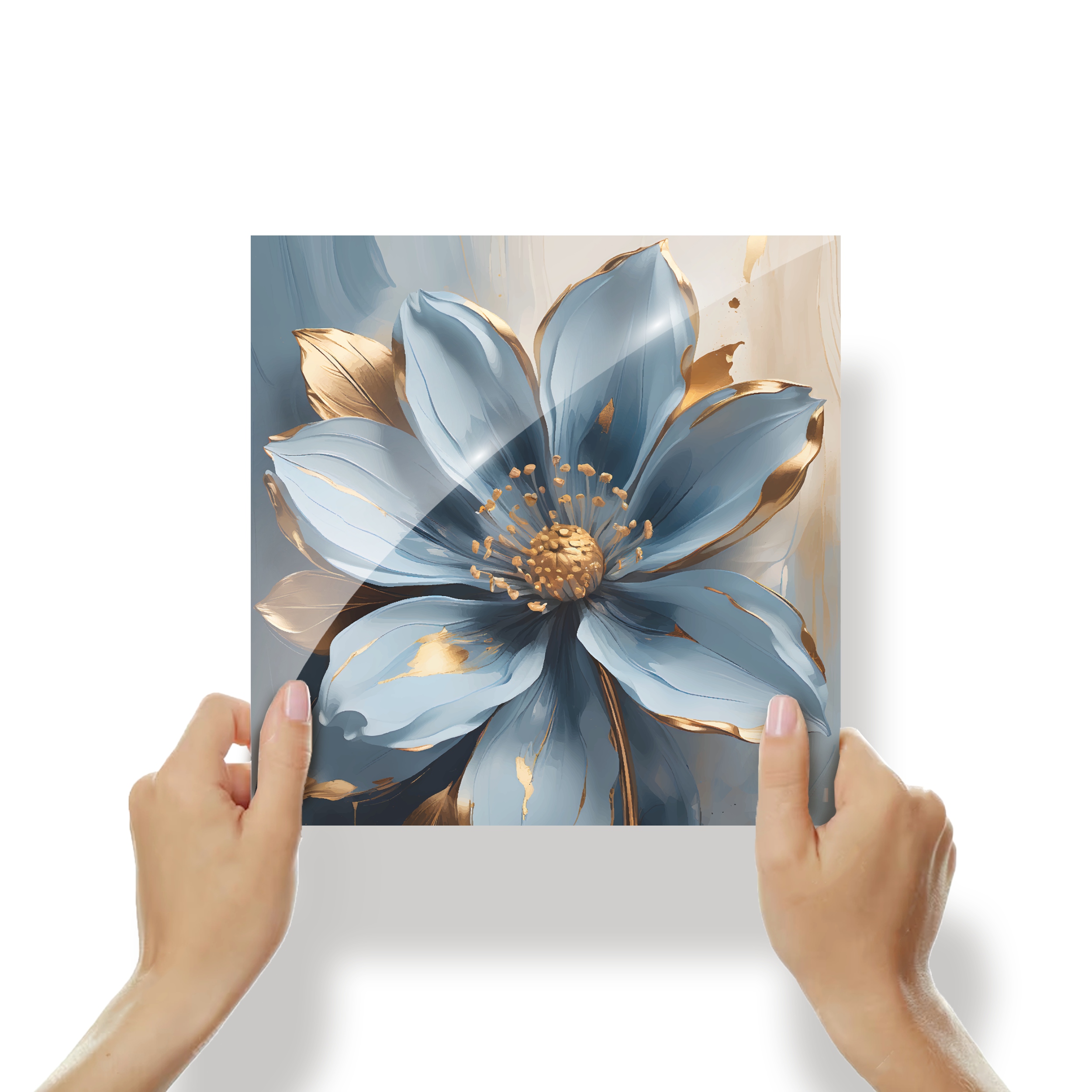 Obraz s motivem modrých Květů se zlatými prvky na plexiskle 30x30