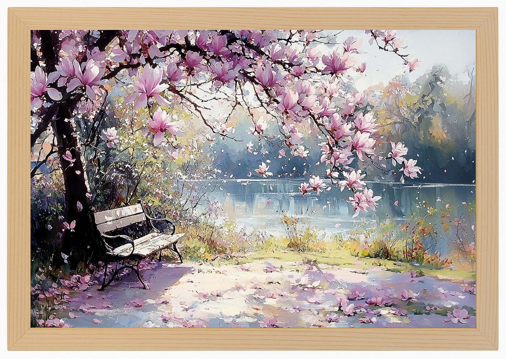 Plakát Rámeček Plakát Dřevo Krajina Park Řeka Strom Květiny Magnolie 60x40