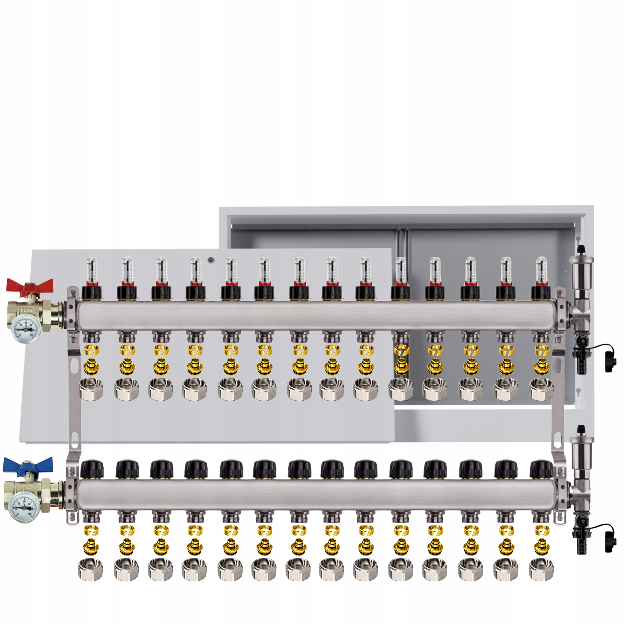 Nerezový rozdělovač podlahových krytin 14 okruhů box ventily Pex