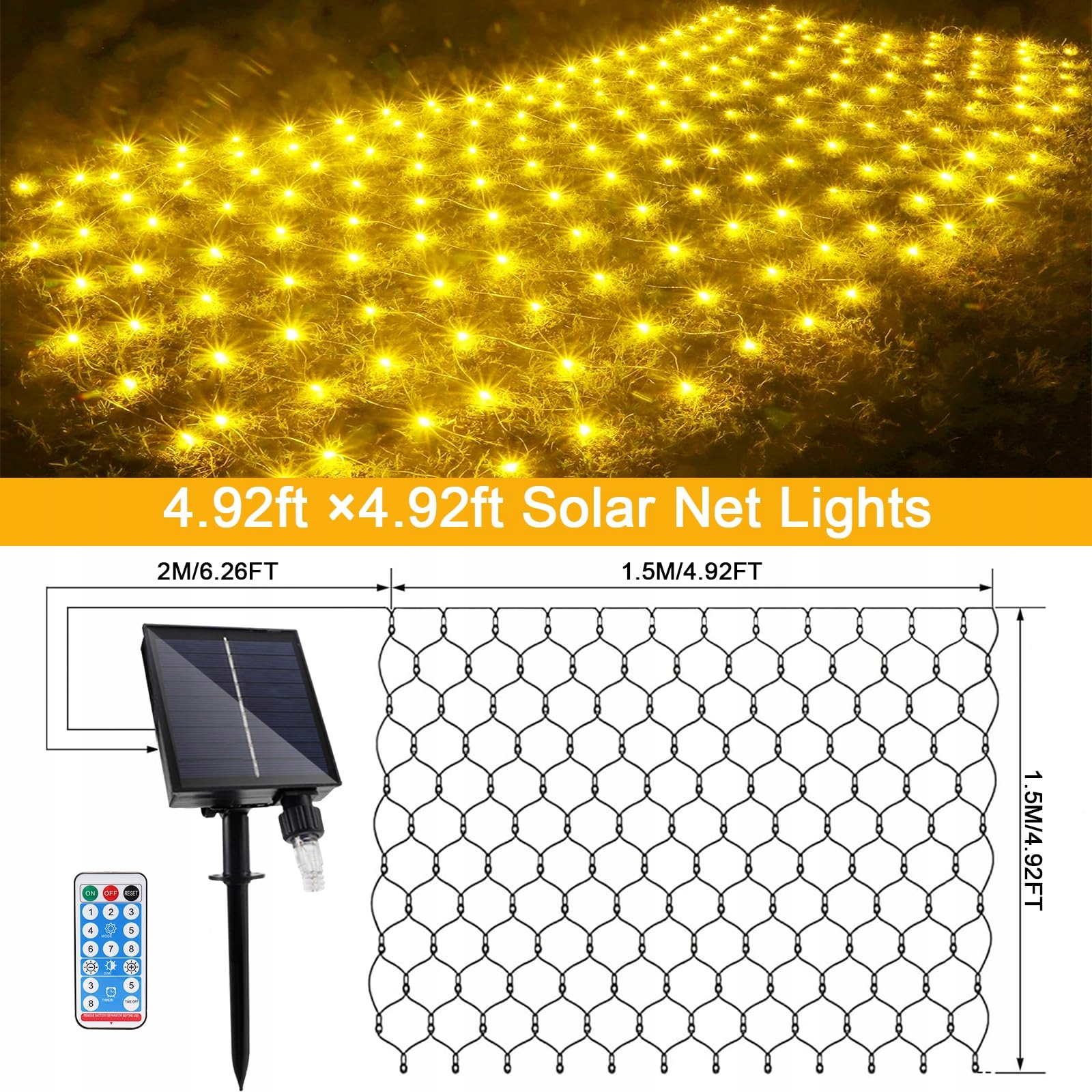 GHONLZIN SOLARNE LAMPKI GIRLANDA ŚWIETLNA 8 TRYBÓW WODOODPORNE 1,5x1,5M — miniatura 5