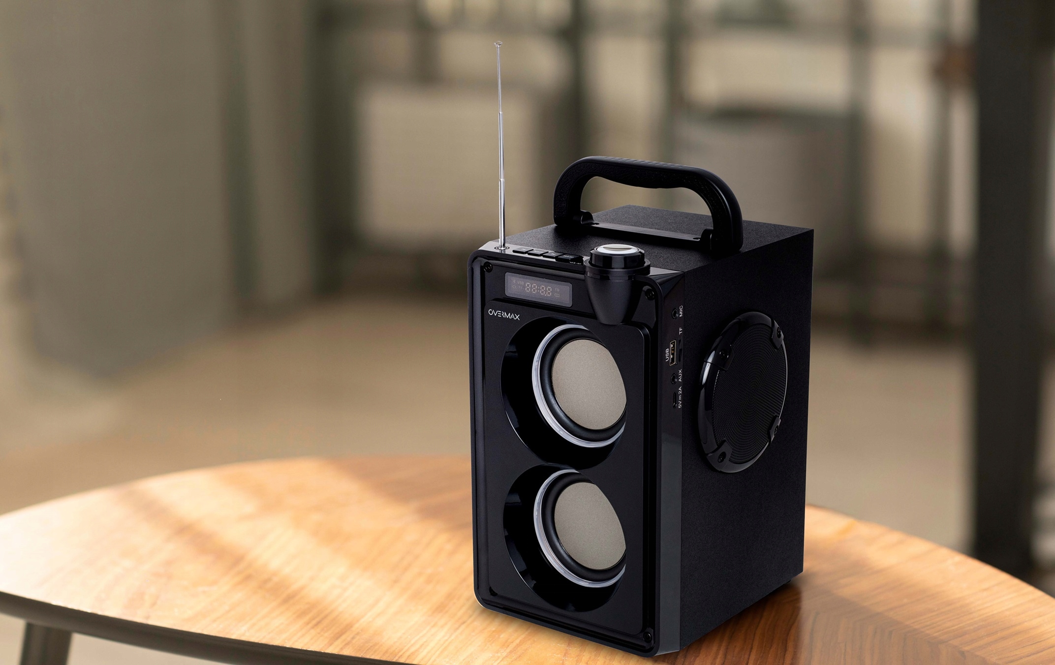 Głośnik Bluetooth PRZENOŚNY BEZPRZEWODOWY LCD LED USB SD RADIO 20W + AUX Szerokość produktu 13.5 cm