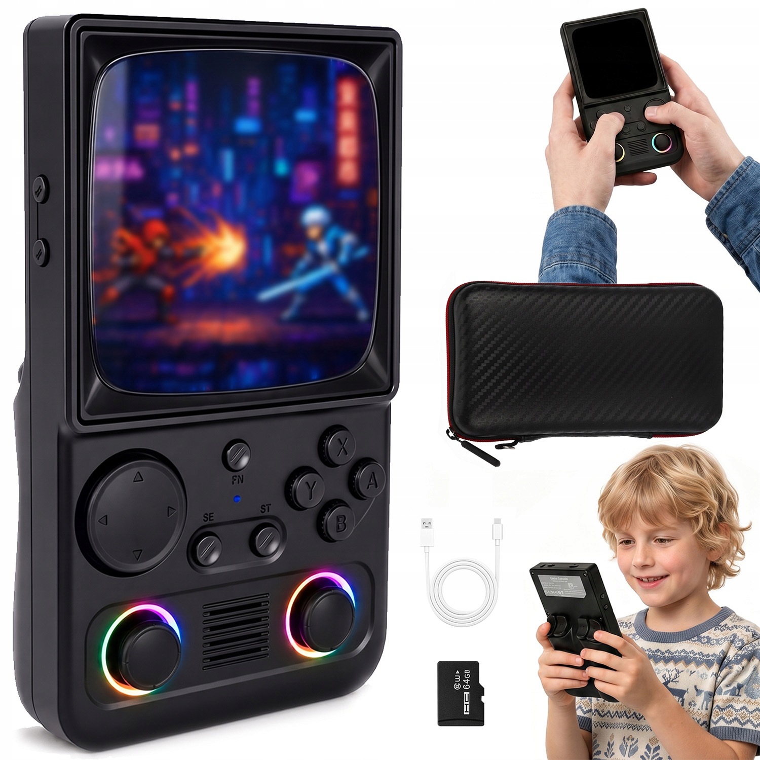 Przenośna Komórkowa Konsola Do Gier Retro Gier Czarny Dla Dzieci 64GB