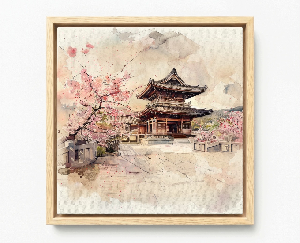 Obraz Rám Americký Box Japonský Kvetoucí Chrám Višeň Akvarel 80x80