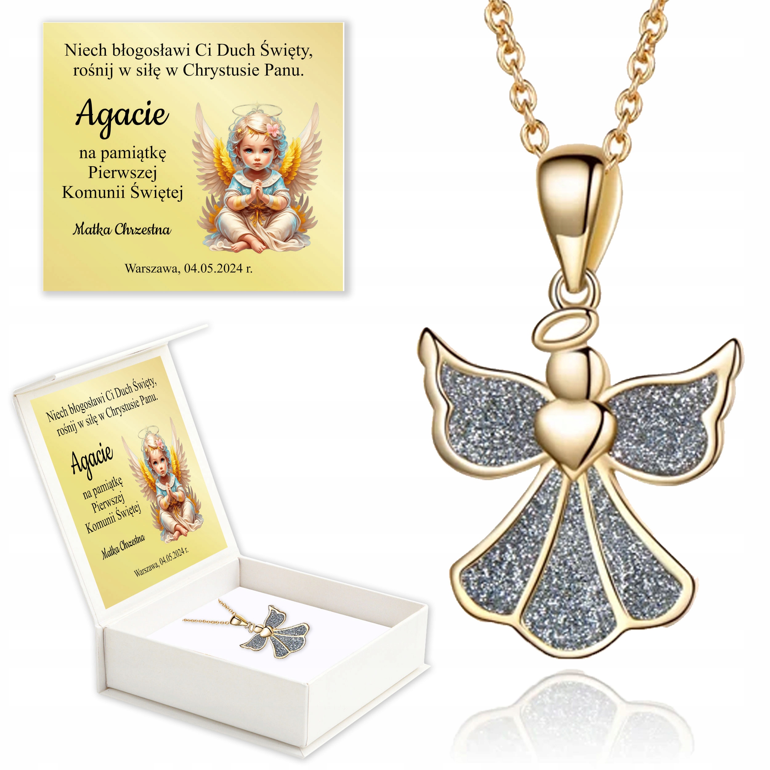 Pamiątka Komunii Świętej Prezent na Pierwszą Komunię Chrzest Anioł + TEKST