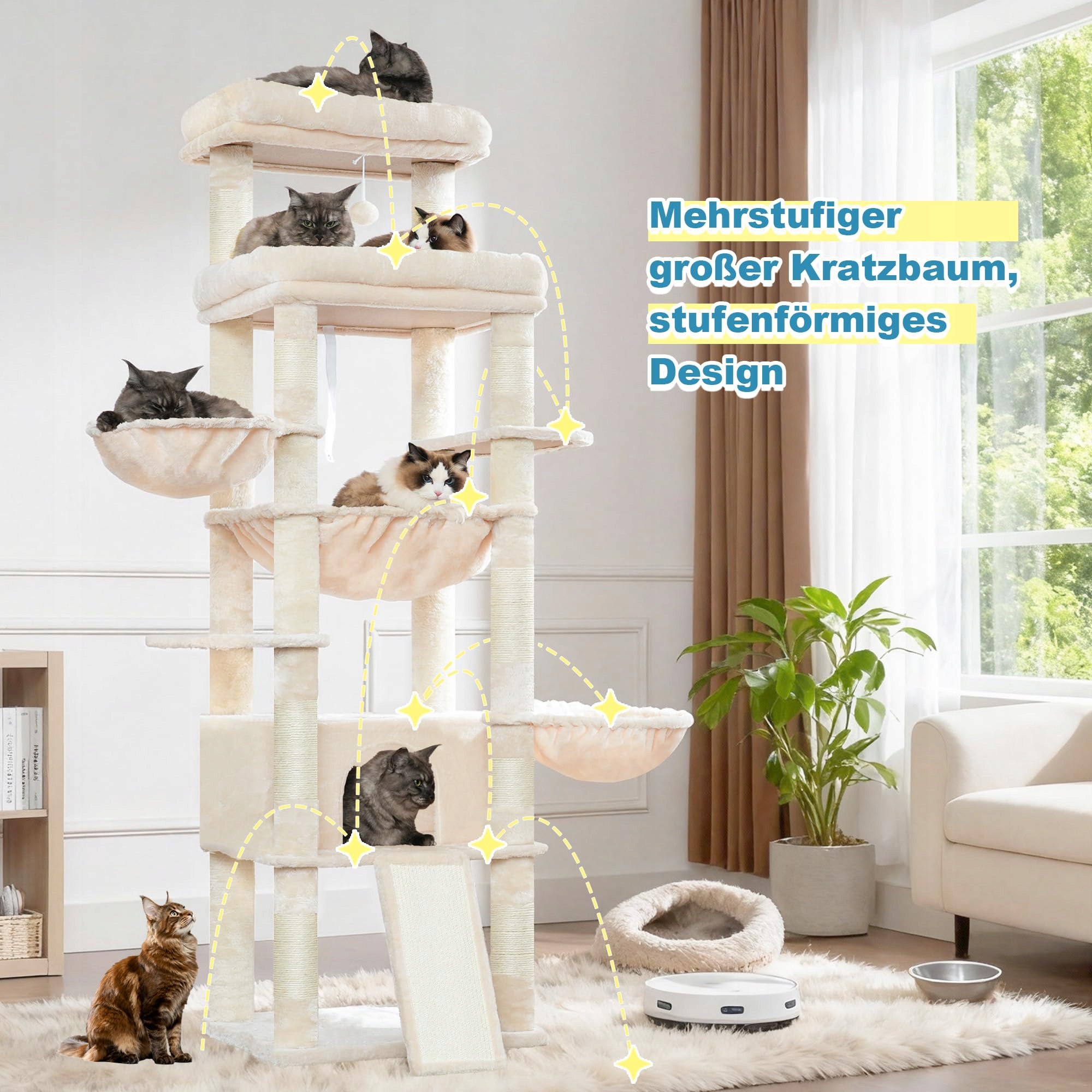 Drapak Dla Kotów Wielopoziomowy Z Hamakami Jaskinią 182cm Duży HEY-BROTHER — miniatura 8