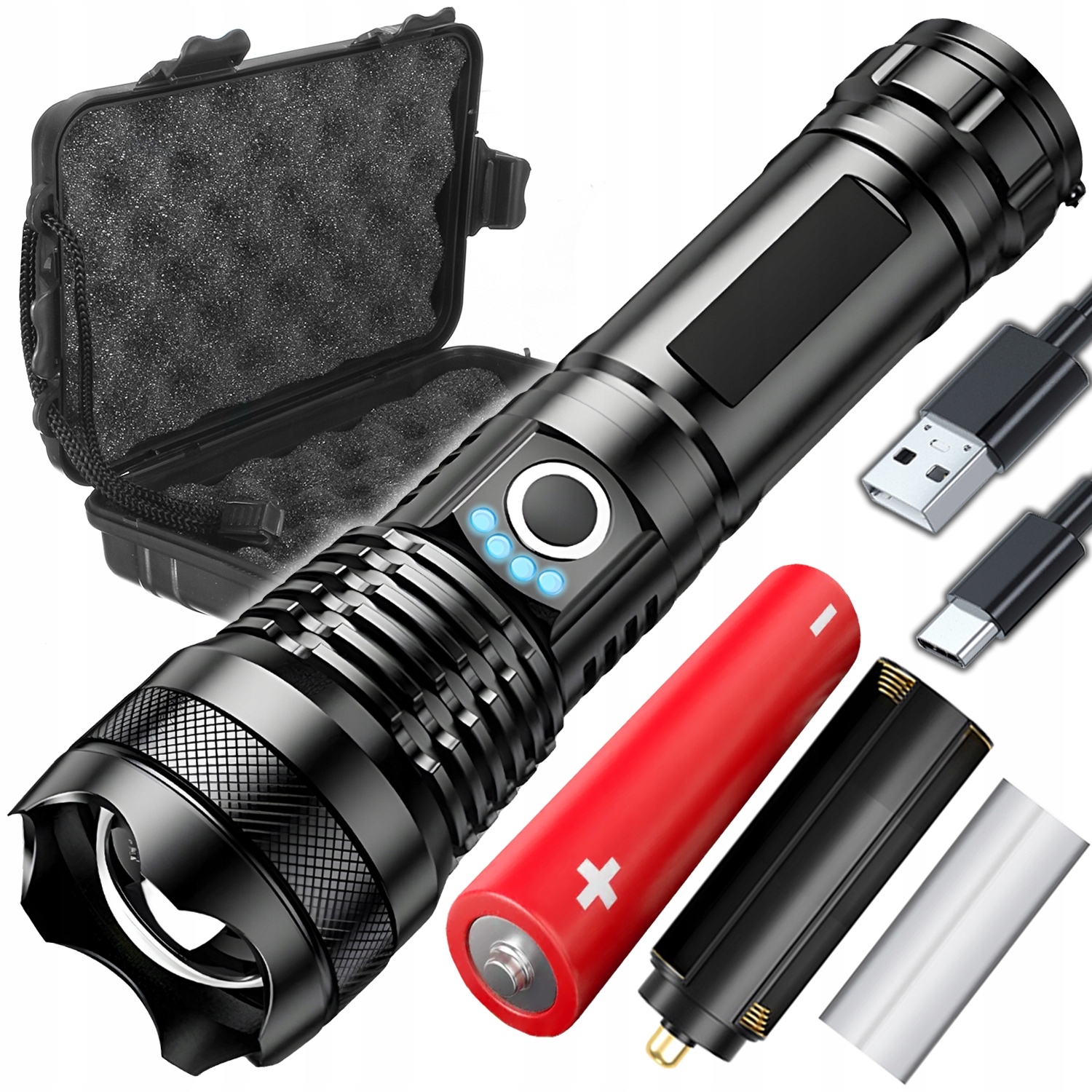 Mocna Latarka Taktyczna Led XHP90 Zoom Survivalowa Cree Akumulatorowa Usb