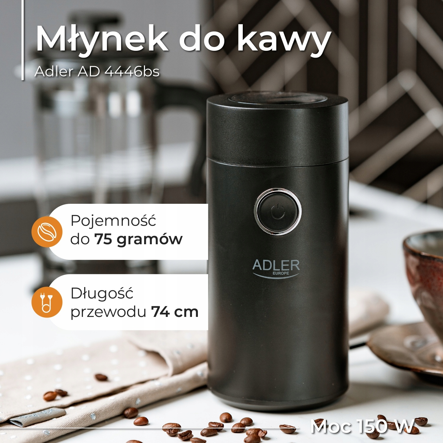 Młynek do kawy Adler AD 4446 Black Gold 150W Pojemność 75g