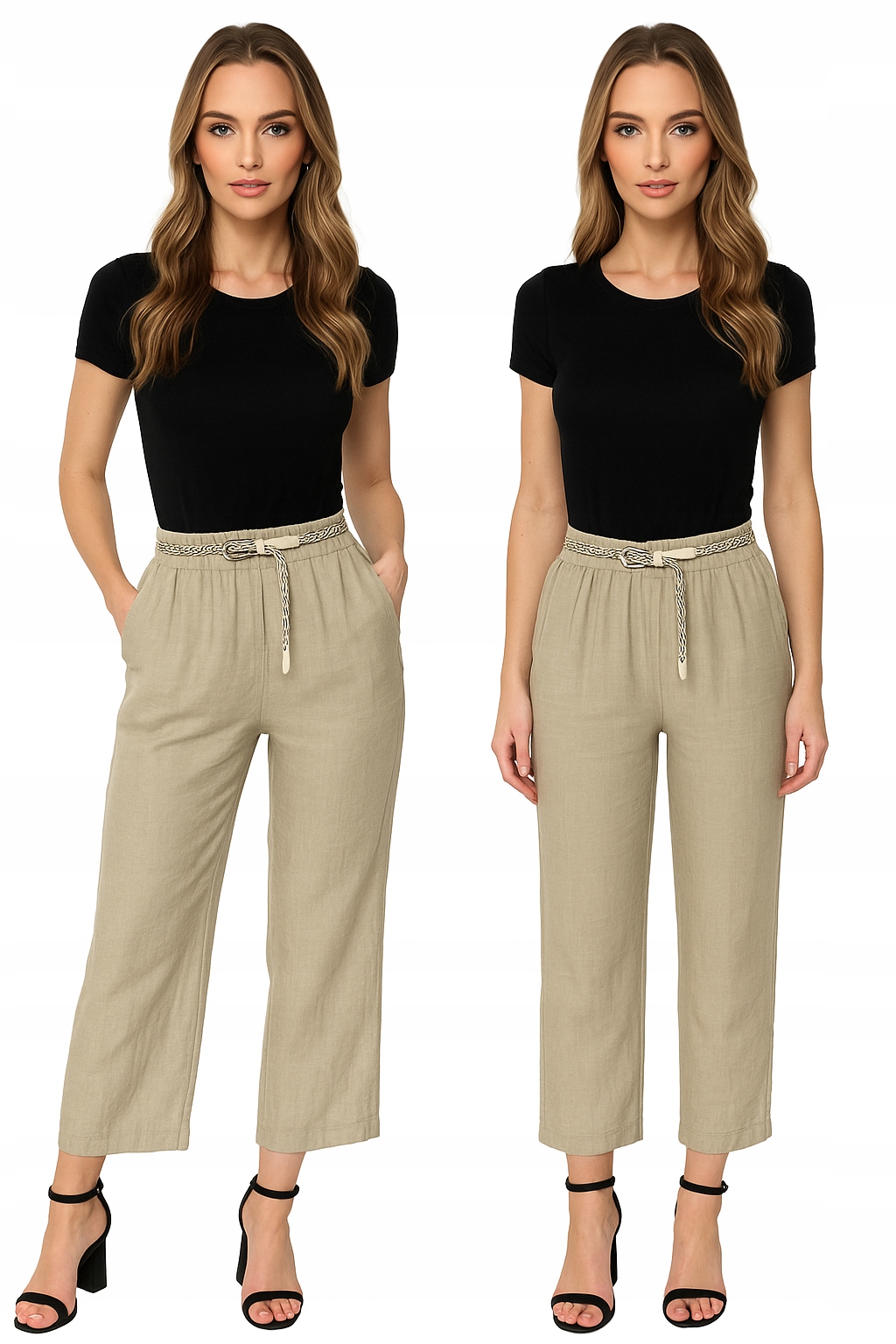 Spodnie Damskie Letnie Klasyczne Elastyczne Luźne Lekkie Szerokie Beżowe Un