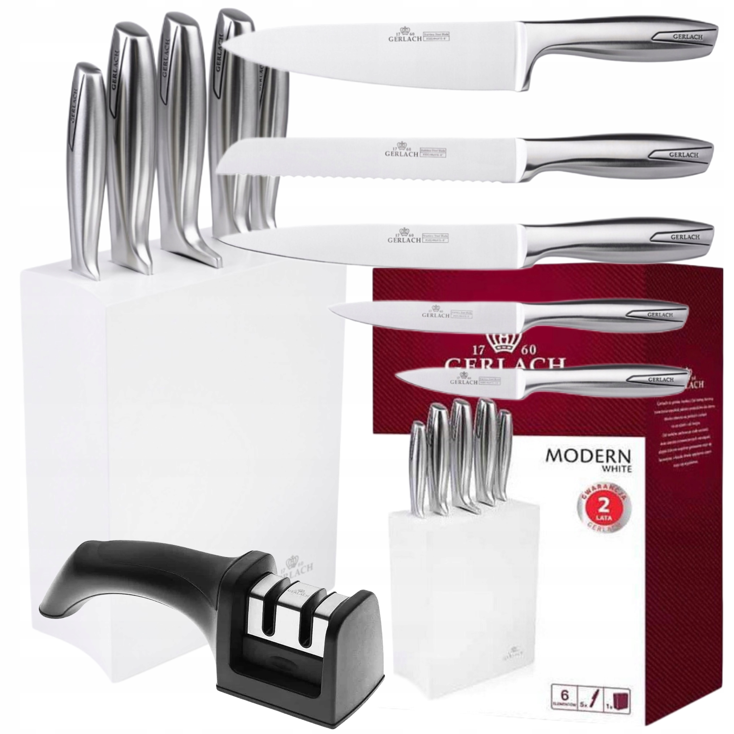 Komplet 5 Kuchynských Nožov V Bloku Gerlach Modern Kuchynské Biele Brusný Kameň