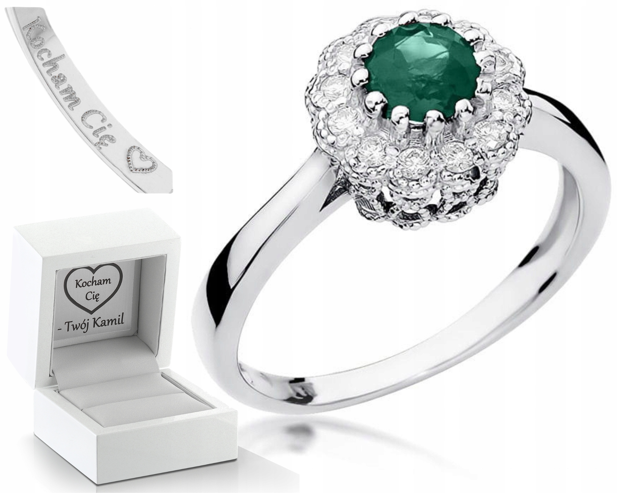 Prstýnek Smaragd Brilianty Bílé Zlato Gravírování