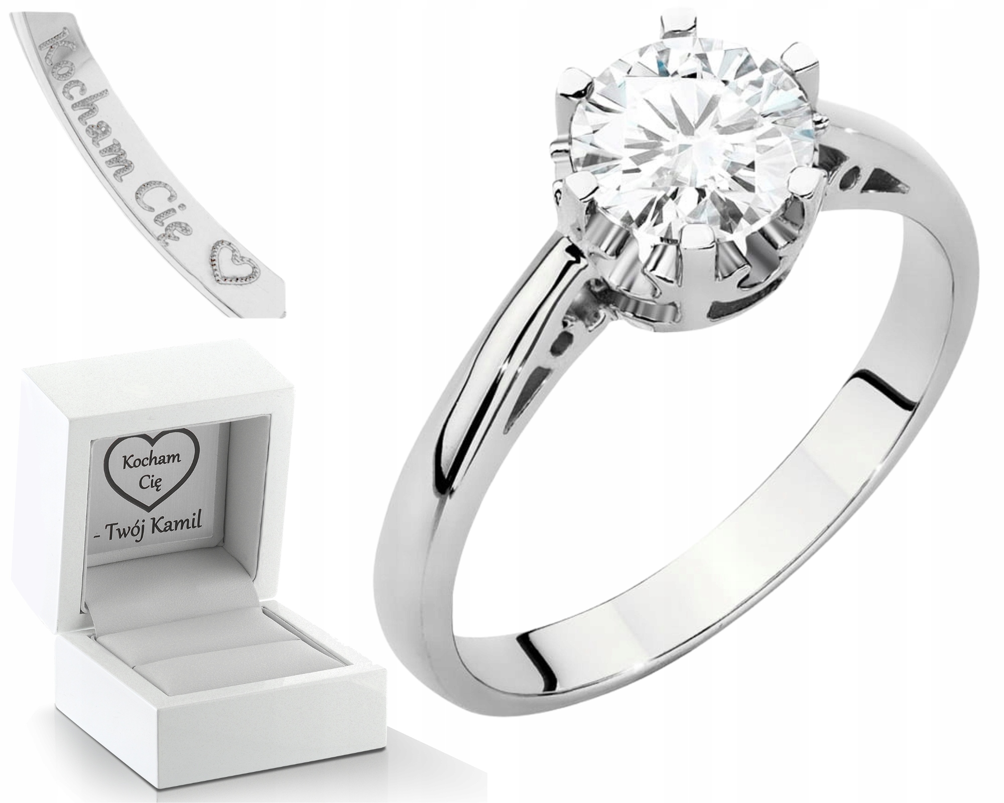 Bílé Zlato Prstýnek Velký Diamant Laboratorní Briliant Gravírování 585