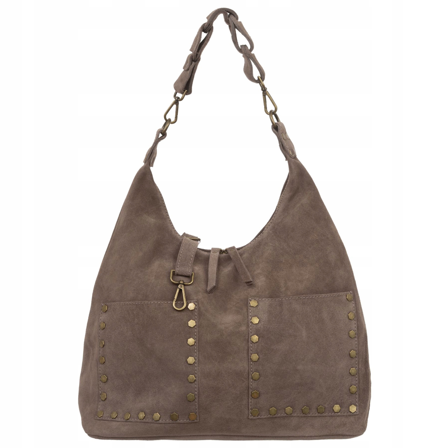 Vera Pelle torebka damska zamszowa worek z ćwiekami i paskiem Taupe