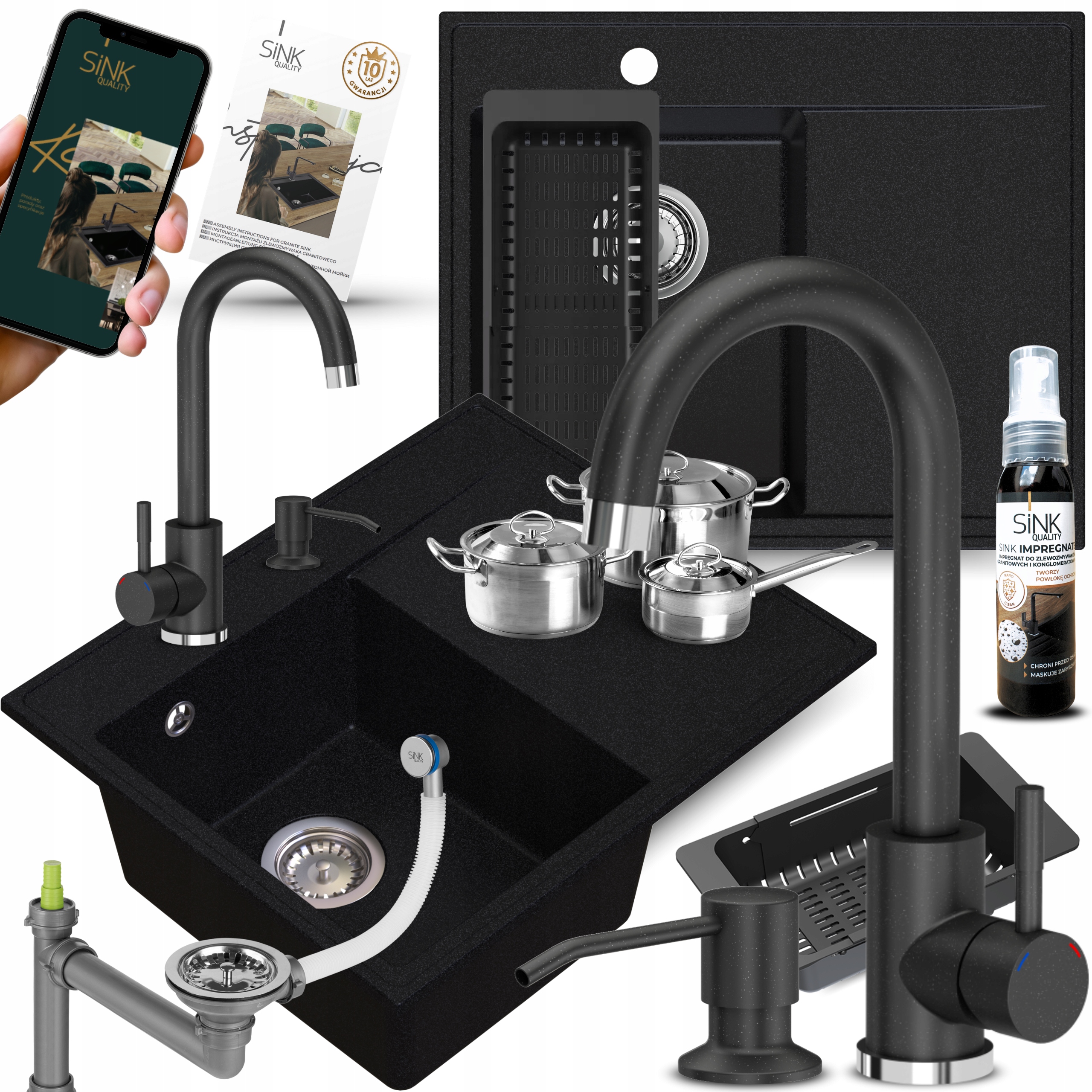 Granitový Drez S Batériou A Dávkovačom na tekutinu, čierny škvrnitý