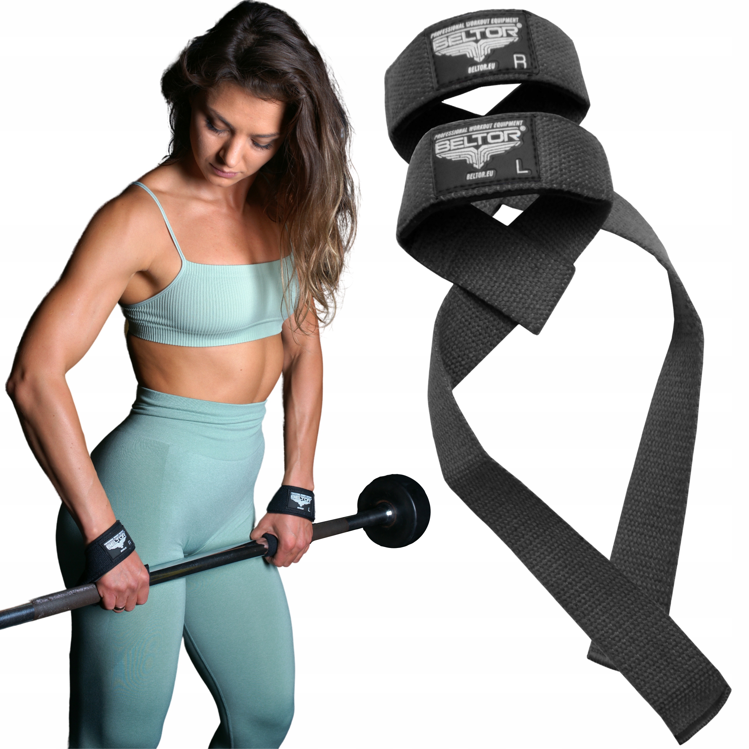 BELTOR PASKI TRENINGOWE UCHWYTY DO MARTWEGO CIĄGU CZARNE KOMPLET