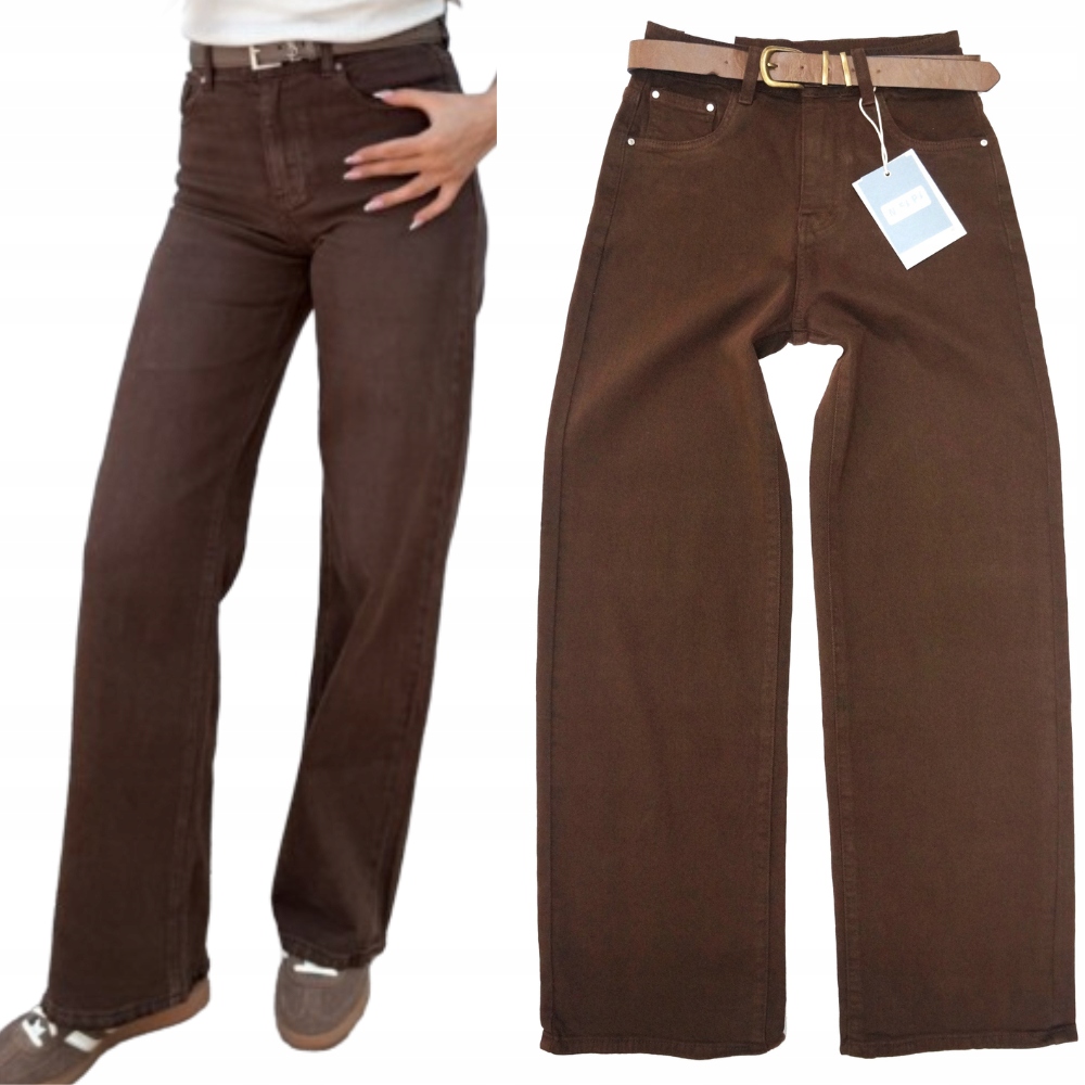 M.sara Spodnie Jeansowe Szerokie Nogawki Brązowe Czekoladowe Pasek 40 L
