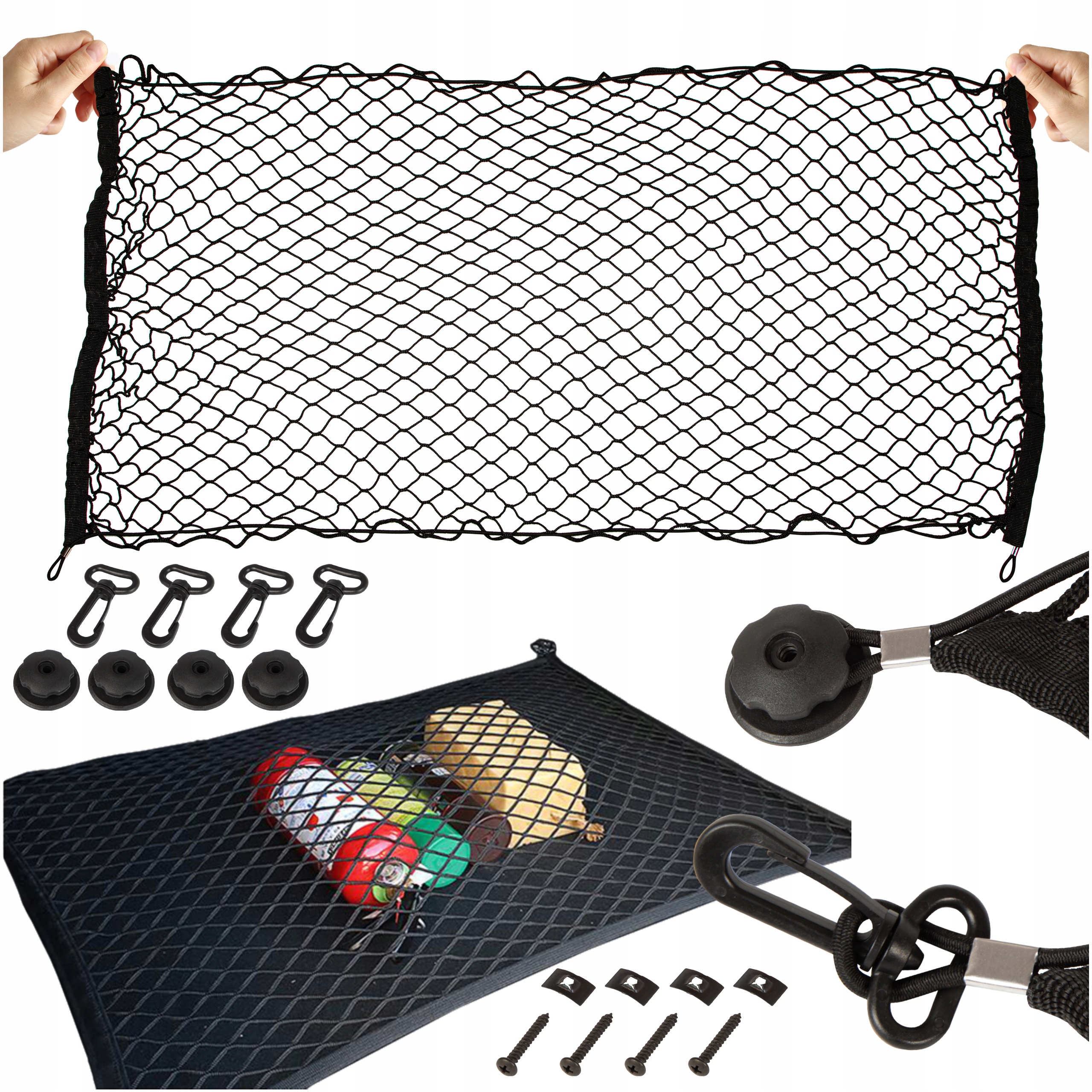 Porządna Duża Siatka Bagażnika Samochodowego Zaczepy Haki Organizer 120x60