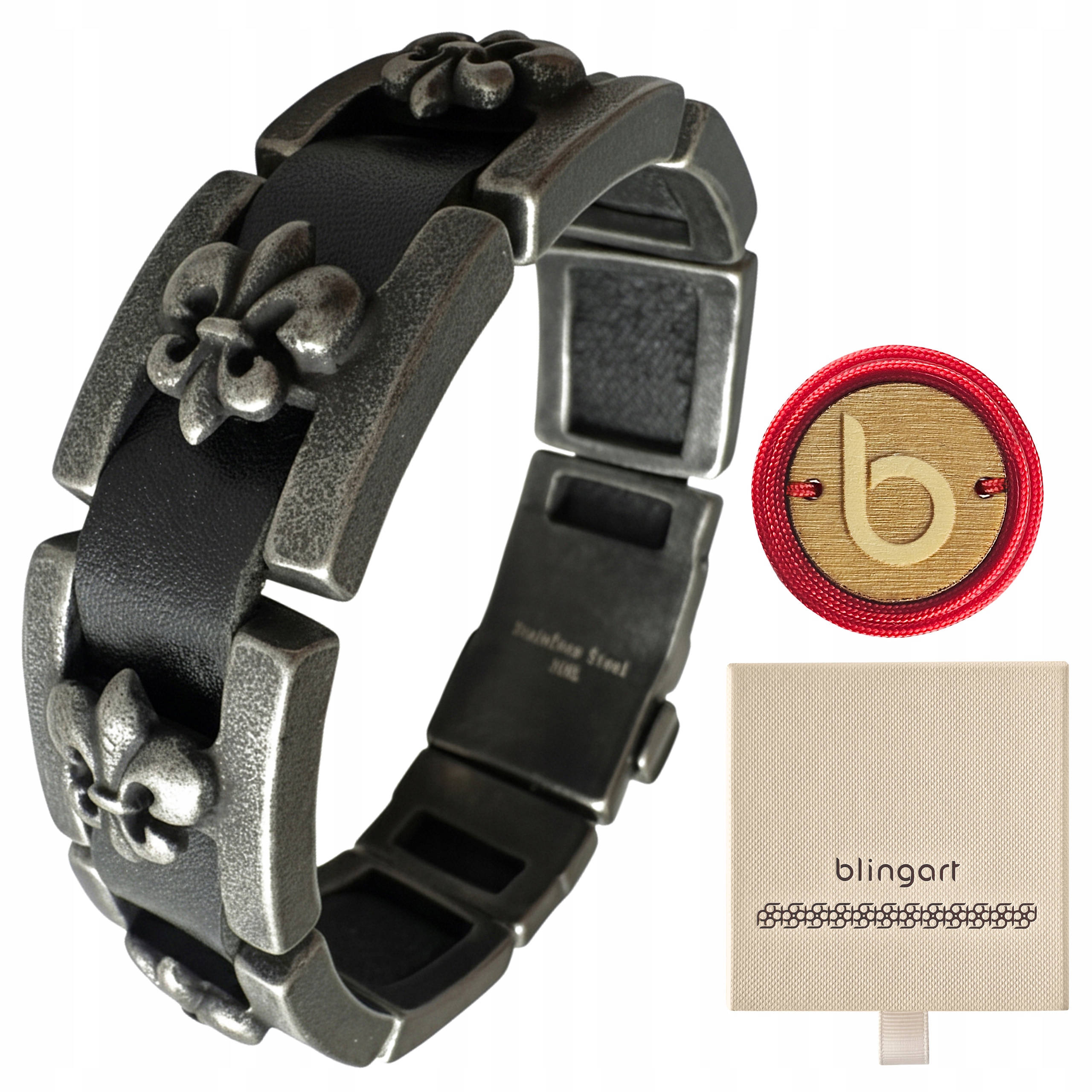 Pánský náramek kožený s lilií ocel chirurgická Blingart
