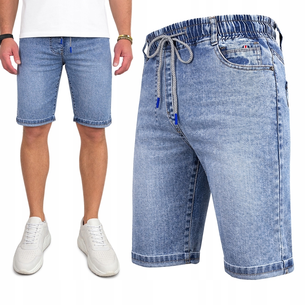 Spodenki męskie Jeansowe Krótkie spodnie rozciągliwe Pas z Gumką Modne XXL