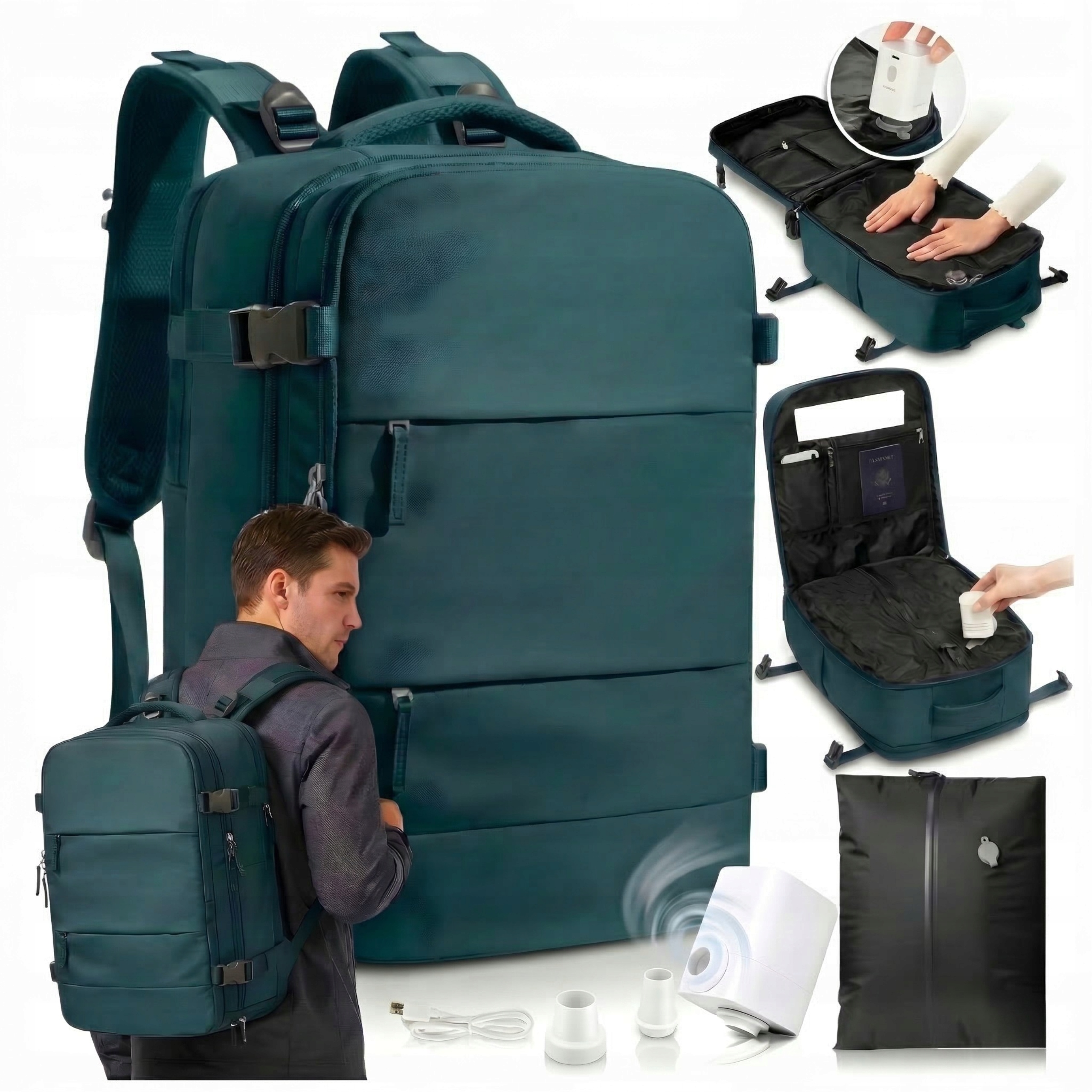 Plecak do Samolotu Próżniowy z Pompką Usb 40x25x20 Wizzair Ryanair Zielony