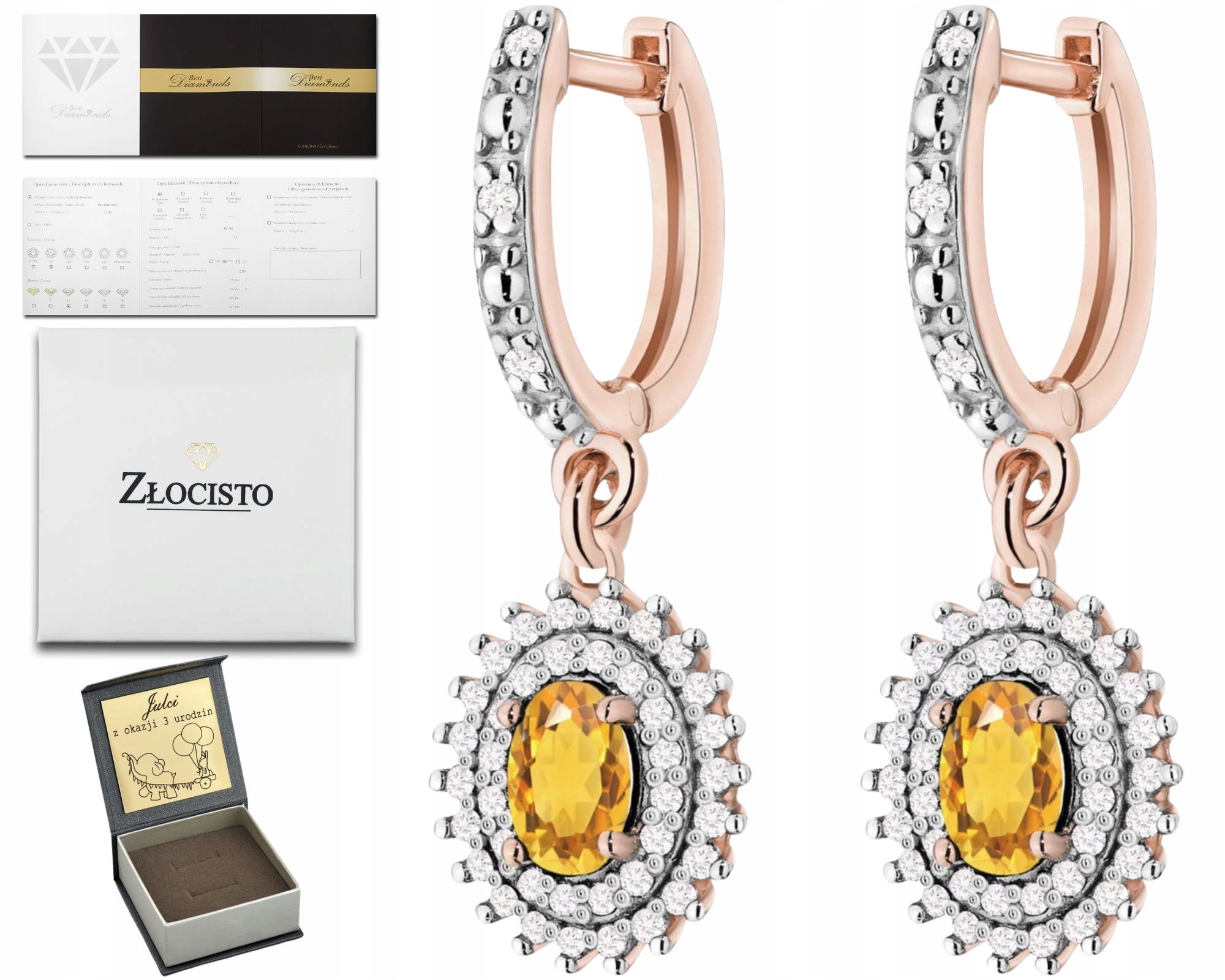 Růžové Zlato Náušnice S Citronem A Diamanty, Brilianty, Anglické