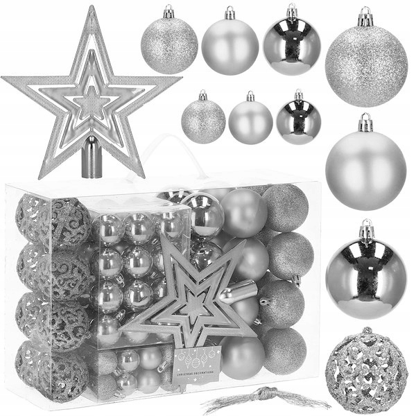 BOMBKI CHOINKOWE ZESTAW XXL 101szt SREBRNE WZORY