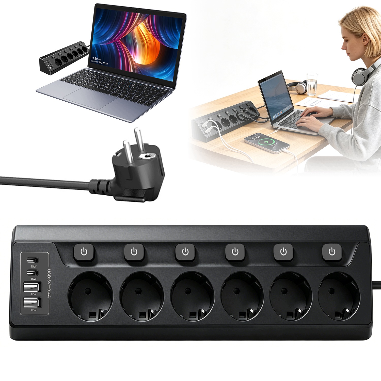 Prodlužovací Kabel 6 Zásuvek 4 Usb S Ochranou Pro Děti, Černý