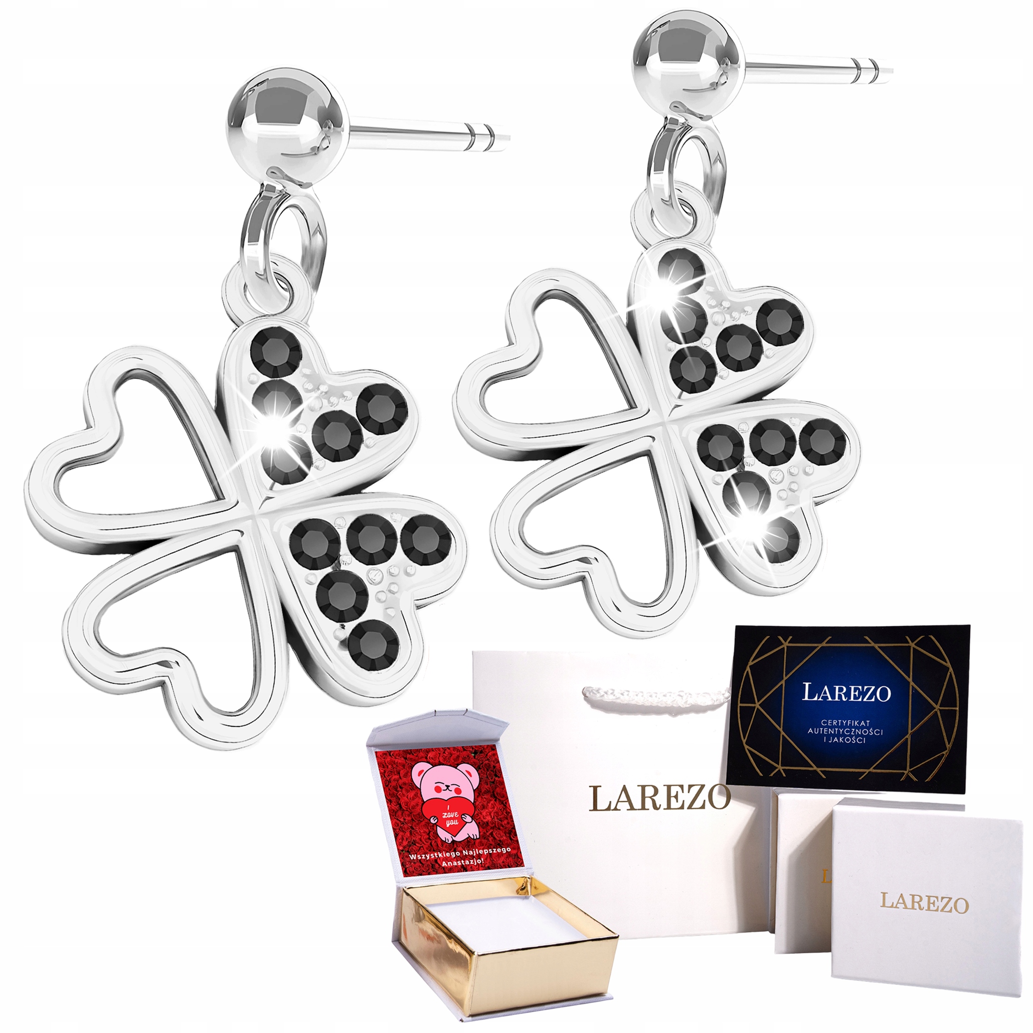 Stříbrné Náušnice 925 na tyči Čtyřlístek Černé Zirkony Květ Potisk