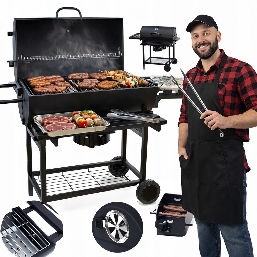 Grill Węglowy Ogrodowy Z Pokrywą Duży Półki Popielnik Ruszt Przenośny