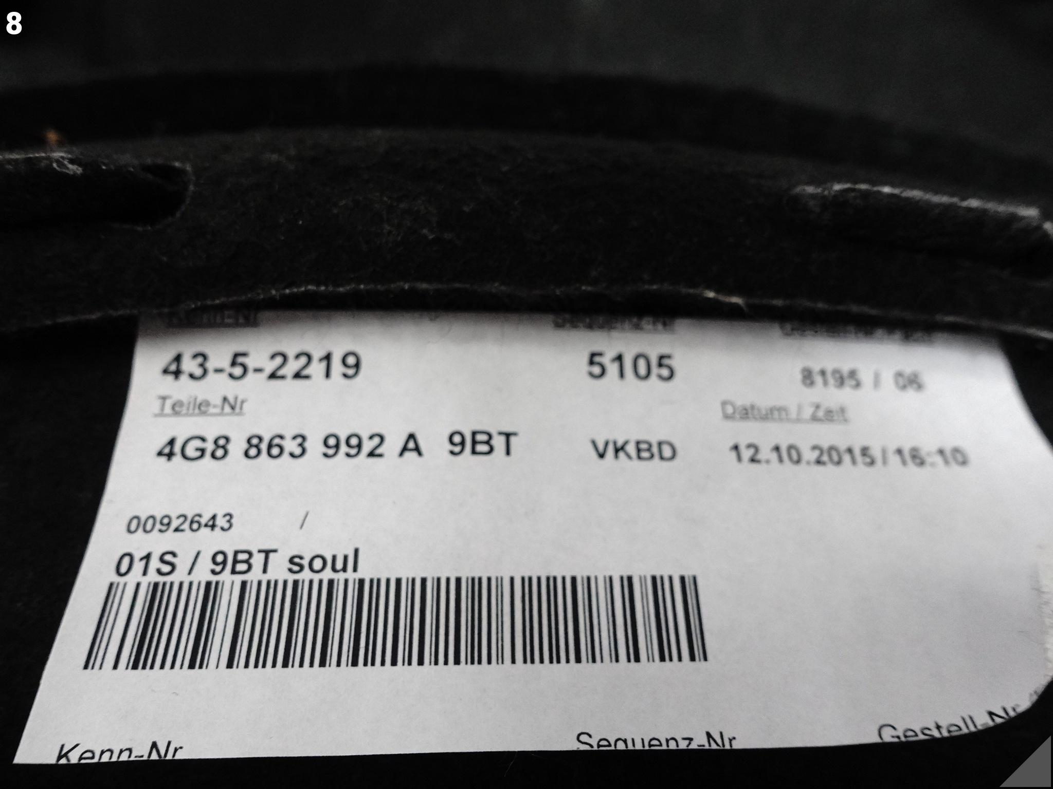 AUDI RS7 S7 A7 4G8 C7 10-18 side upholstery boot passenger compartment right 9BT