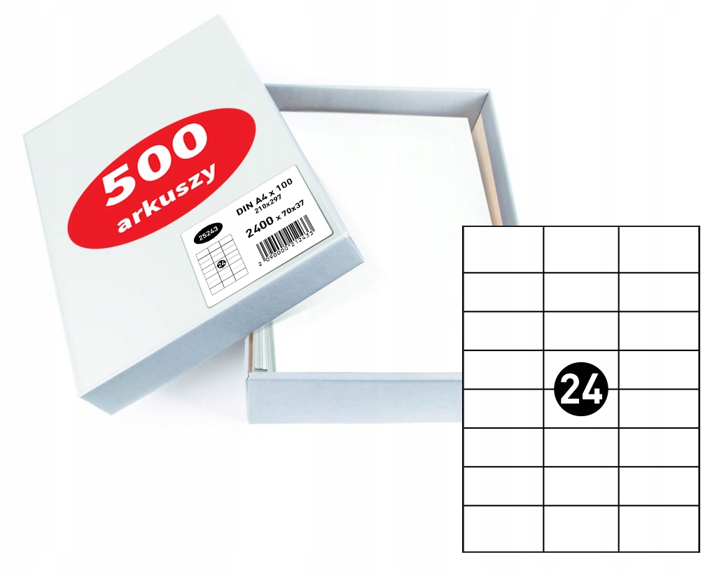 Etykiety samoprzylepne arkusze A4 24x 70x37mm 500 arkuszy