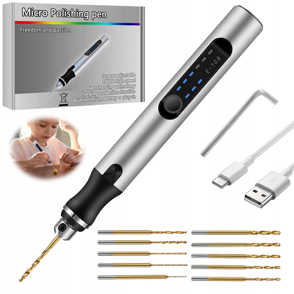 Mini Elektrická Bruska Frézka Vrtačka Gravírování Usb 3.7V 10 Vrtáky