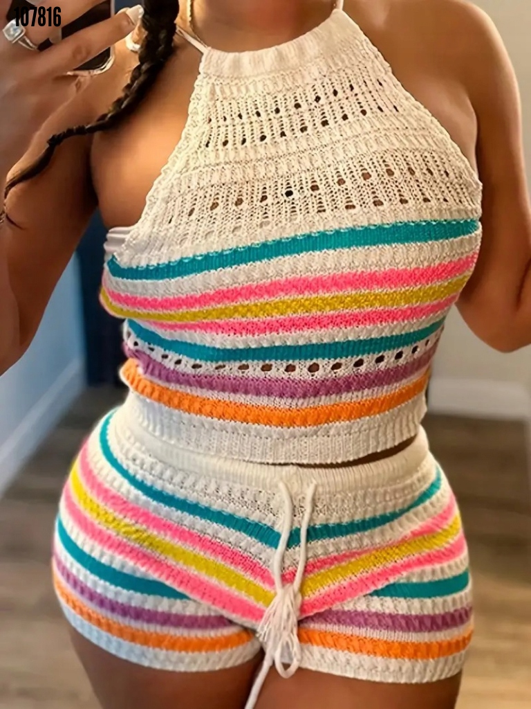 Damski Zestaw Krótkich Spodenek Bez Rękawów, Z Dekoltem Wiązanym Na Szyi, W Marka bez marki